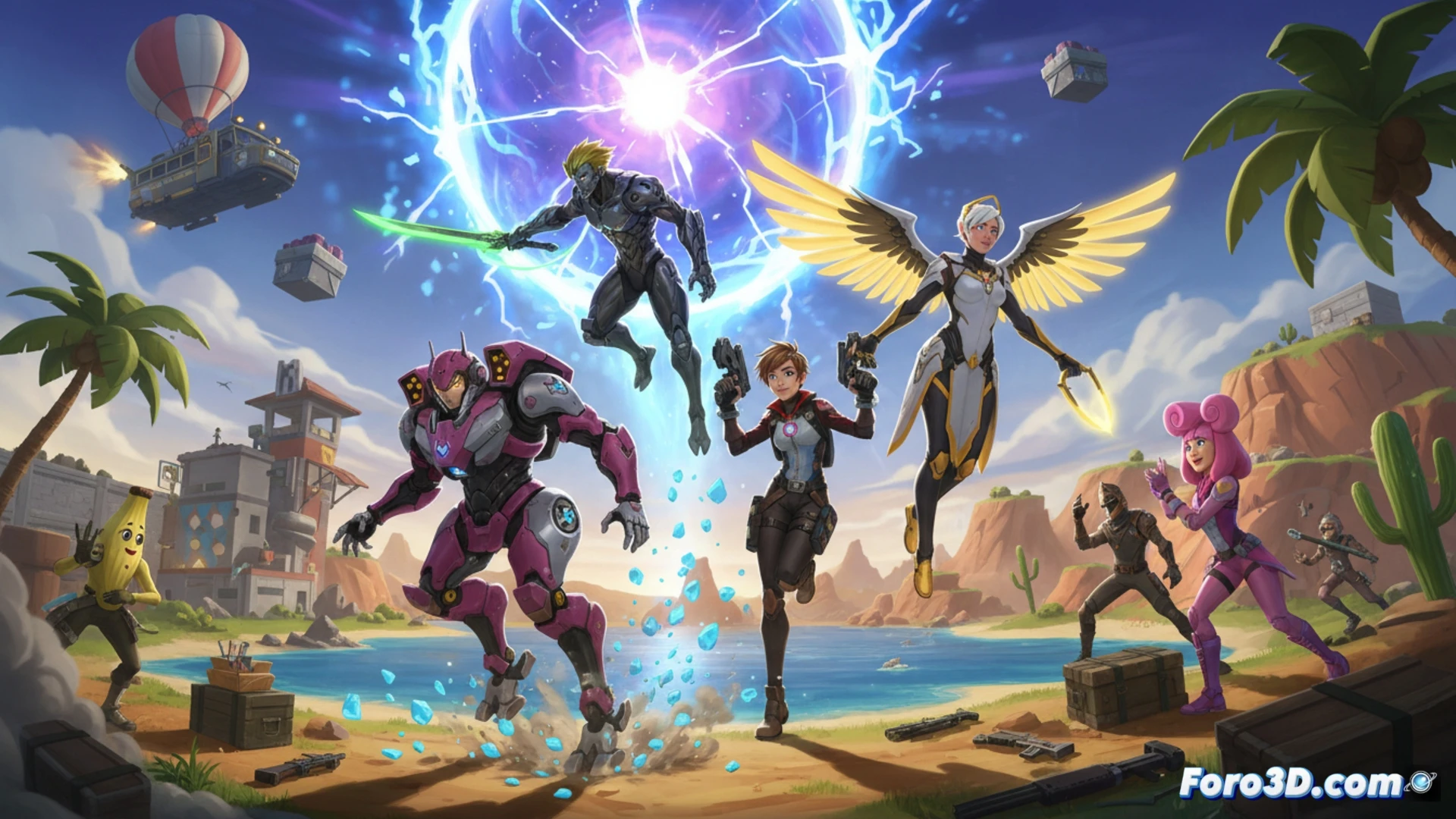 Imagen vibrante con D.Va en su mecha, Genji listo para atacar, Tracer sonriente y Mercy volando, todos en la isla de Fortnite al atardecer.
