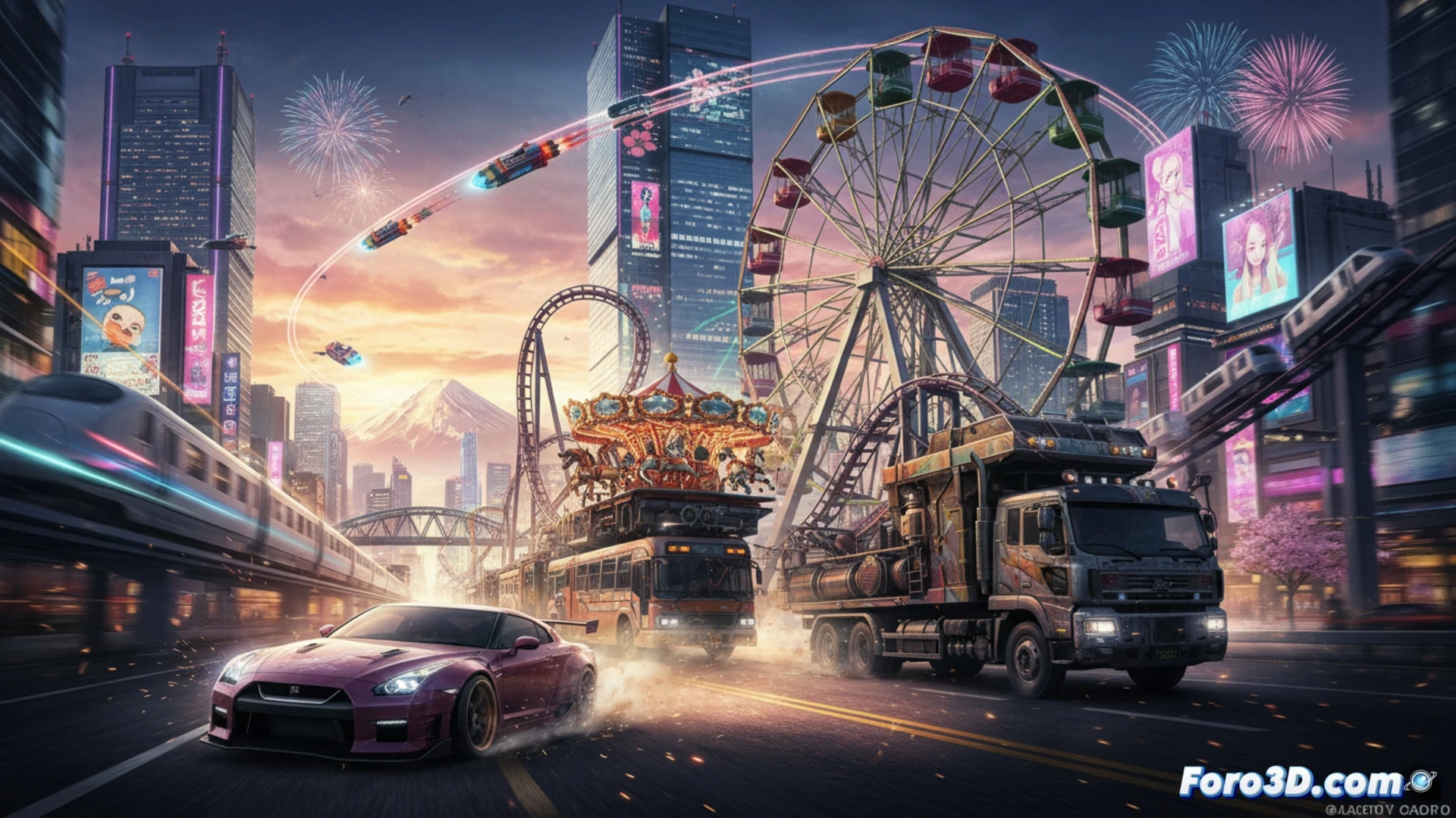 sports car drifting on a neon-lit Tokyo highway at night, rear tires emitting thick white smoke, tire rubber melting and leaving black streaks on wet asphalt, suspension system compressing under extreme lateral G-force, glowing brake discs visible through alloy wheels, cinematic action shot with motion blur, reflections of city lights on glossy car paint, photorealistic technical illustration, dynamic angle showing chassis flex and suspension geometry, dramatic cyberpunk atmosphere