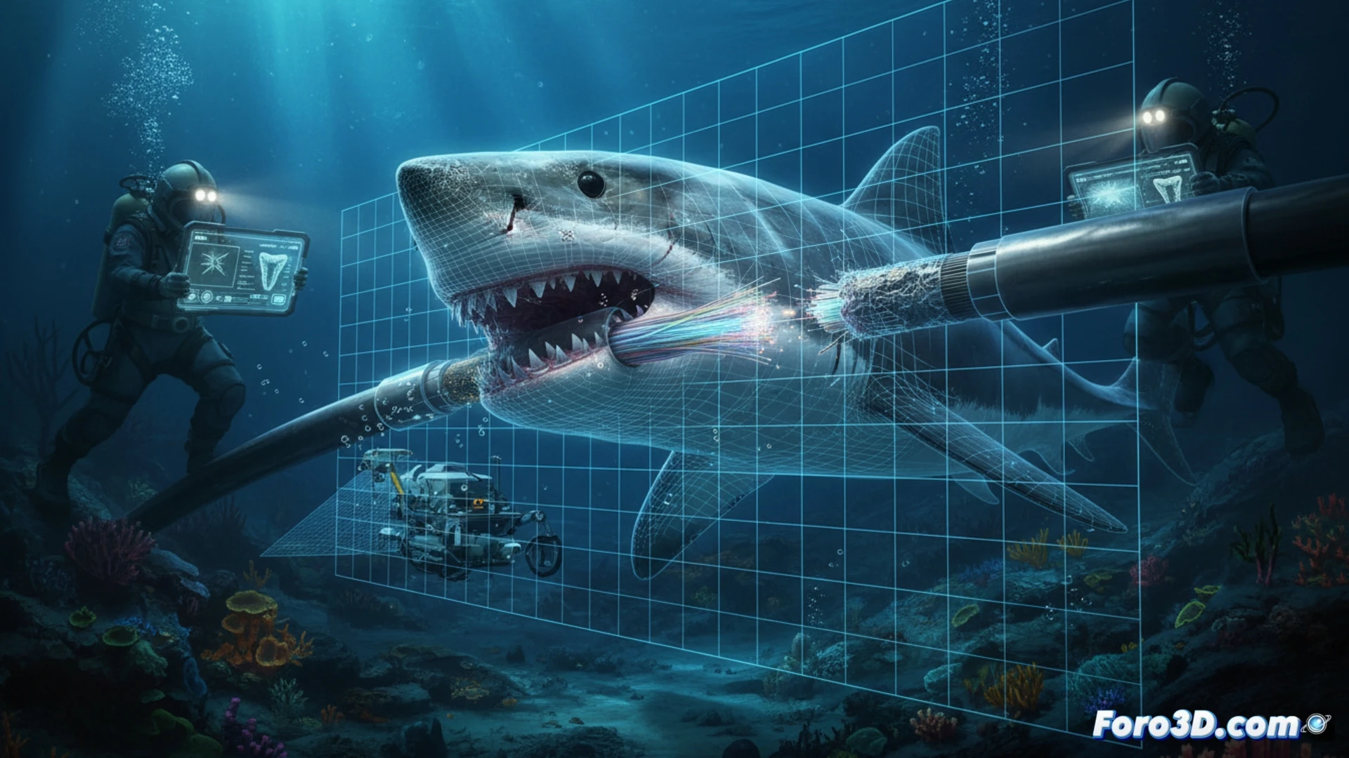 Fotogrametría 3D de un cable submarino con marcas de mordedura de tiburón, modelo detallado para análisis forense marino