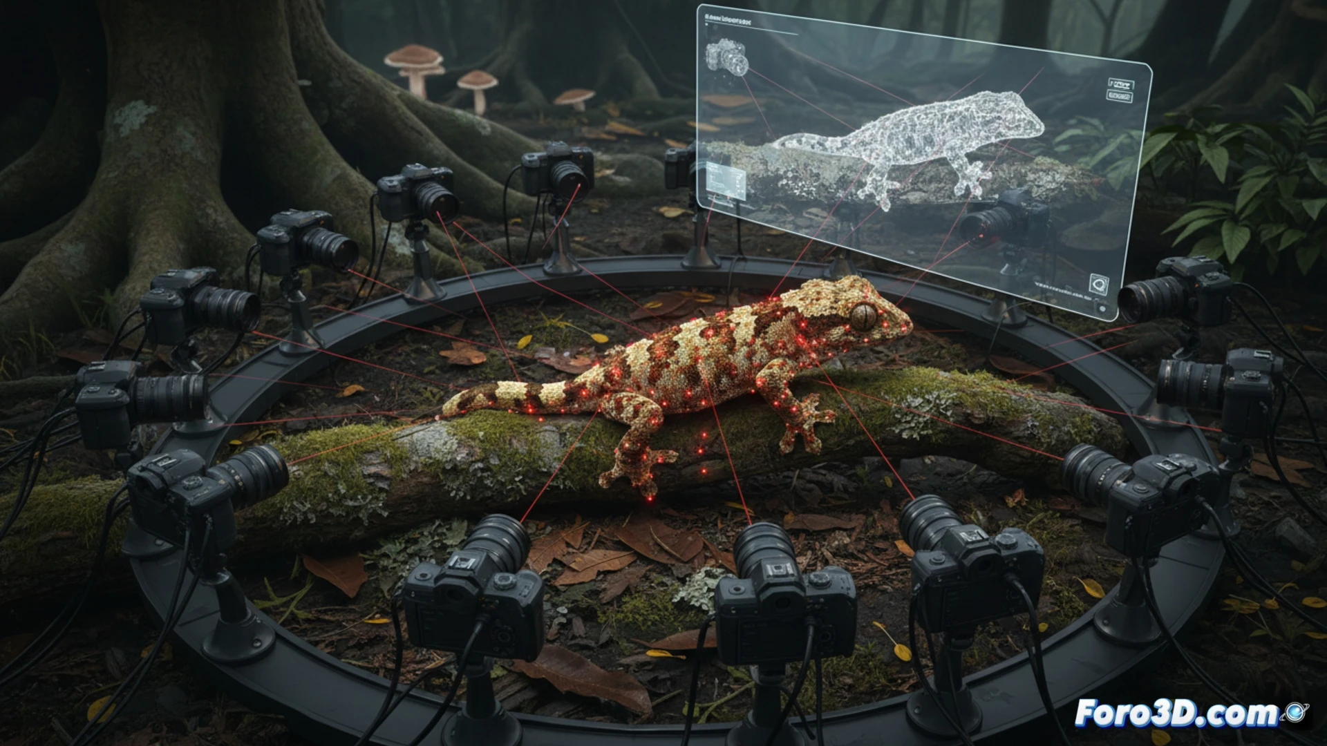 Gecko Uroplatus fangorn en rama, fotogrametria 3D de camuflaje extremo, visualizacion cientifica de reptiles