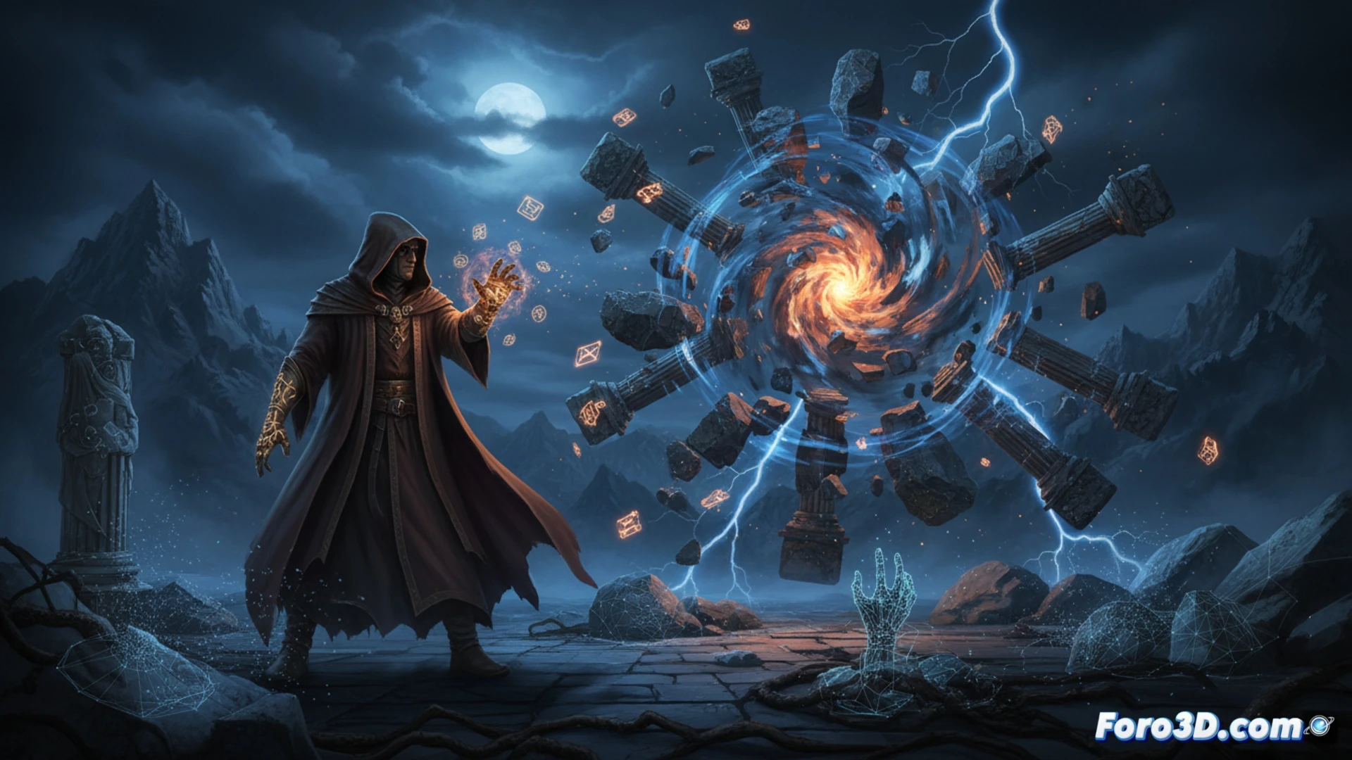 Captura de Witchfire con piedras realistas y explosion magica azul en bosque oscuro