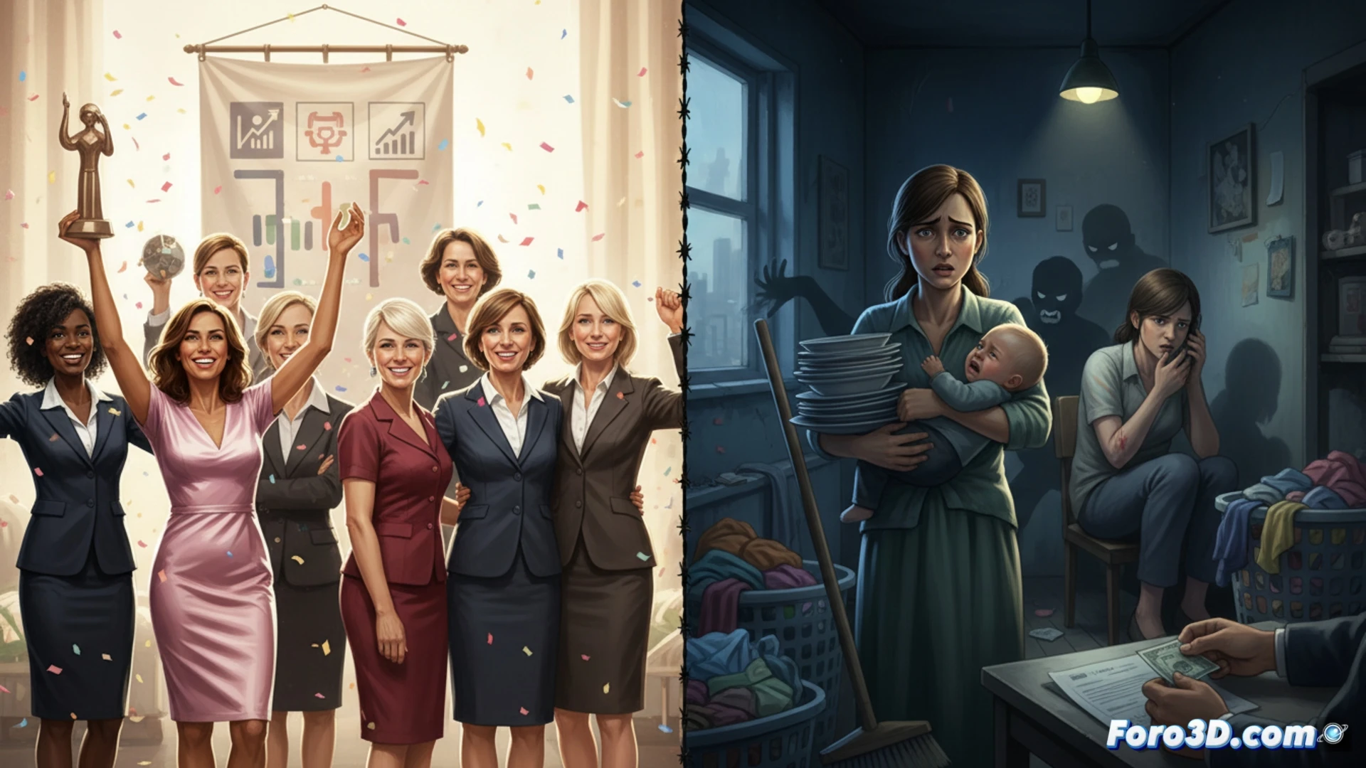 photorealistic scene of a government building facade with a large official photo of smiling women being projected, while in the foreground a cracked concrete floor shows a woman pushing an empty stroller past a locked daycare gate, another woman sitting on a bench reviewing a budget spreadsheet on a tablet displaying red declining employment graphs, a broken security camera dangling above, dramatic overcast lighting, cold blue and grey tones, cinematic composition, technical illustration style