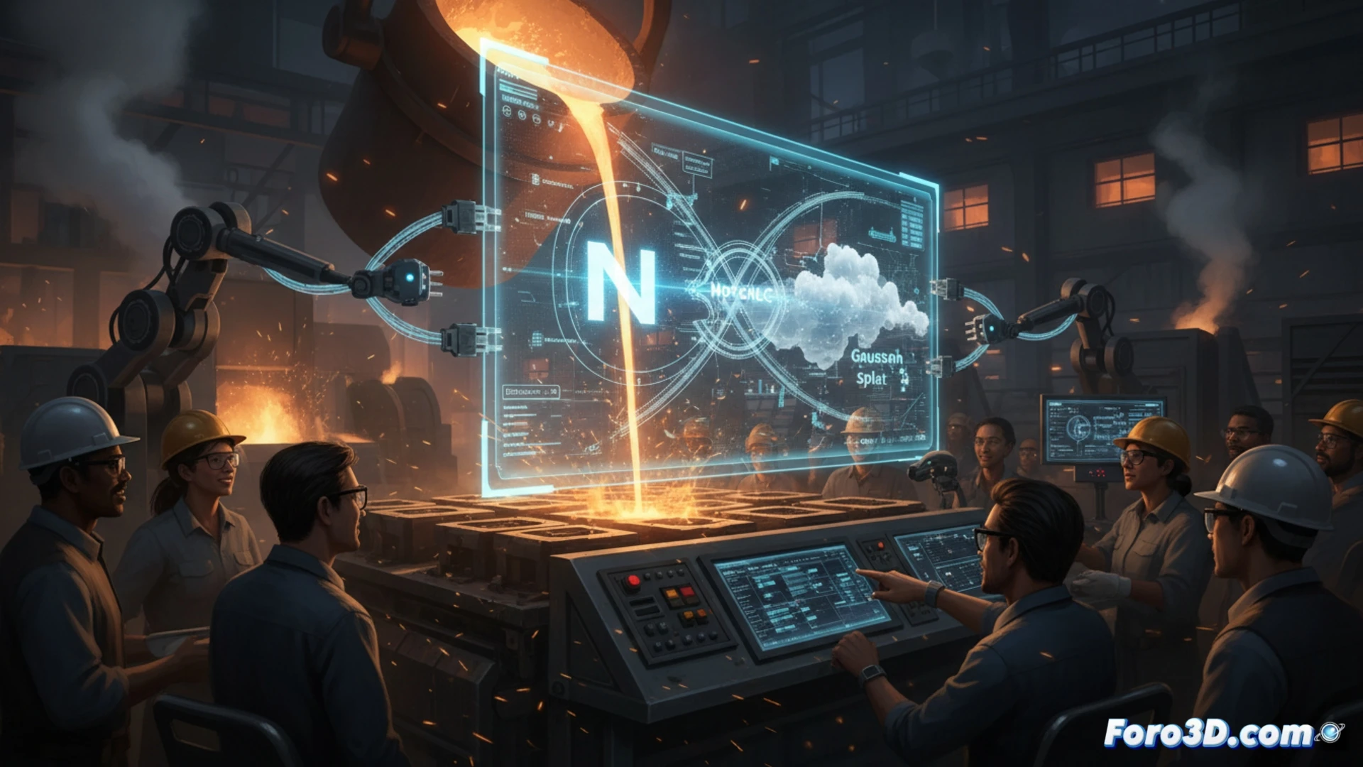 Un monitor de producción virtual muestra la interfaz de Nuke Stage con un renderizado Gaussian Splat en 3D, junto al logotipo de Foundry y un fotograma de The Thomas Crown Affair.