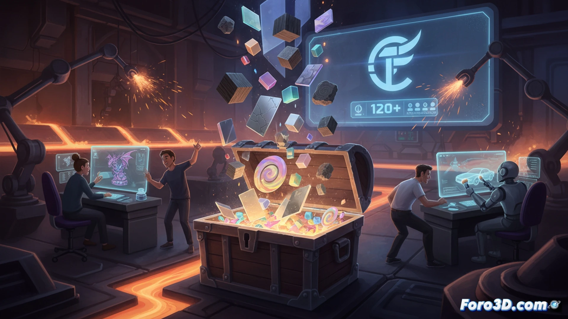 3D artist workstation with dual monitors displaying Foundry software interface, close-up of hand using stylus on graphics tablet painting a wooden texture onto a 3D model of a medieval shield, metal and plastic material swatches floating as interactive 3D spheres around the screen, keyboard with glowing keys, professional studio lighting with softbox reflections, cinematic photorealistic render, technical illustration style, detailed brush strokes visibly layering surface imperfections, dramatic shadows emphasizing depth