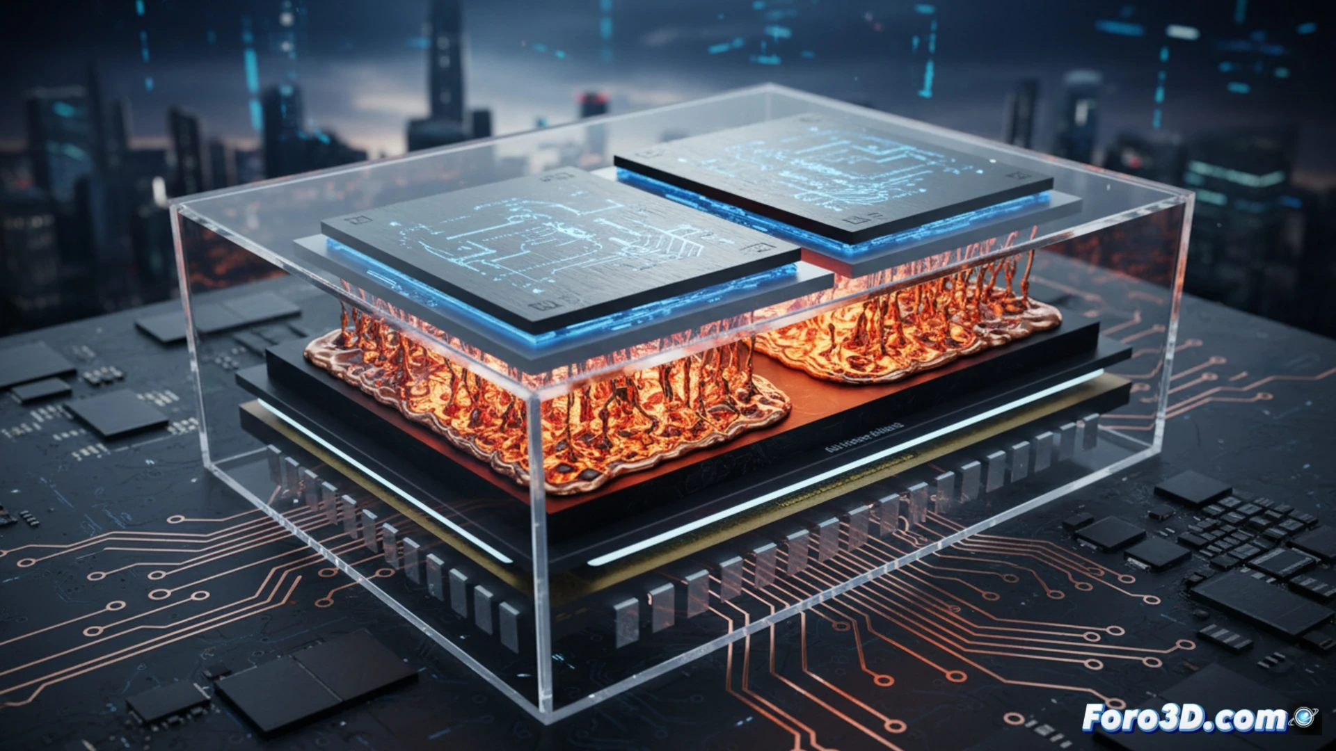 extreme close-up of two copper chiplets being pressed together during Foveros Direct bonding process, microscopic copper pillars making direct contact with each other, eliminating traditional solder bumps, bright metallic surfaces reflecting golden light, seamless fusion visible at atomic level, glowing interface demonstrating electrical conductivity, precision alignment tool holding chiplets in place, cleanroom environment with robotic assembly arm, photorealistic technical illustration, hyper-detailed metallic textures, sharp focus on copper-to-copper junction, dramatic industrial lighting with blue ambient glow, engineering visualization style
