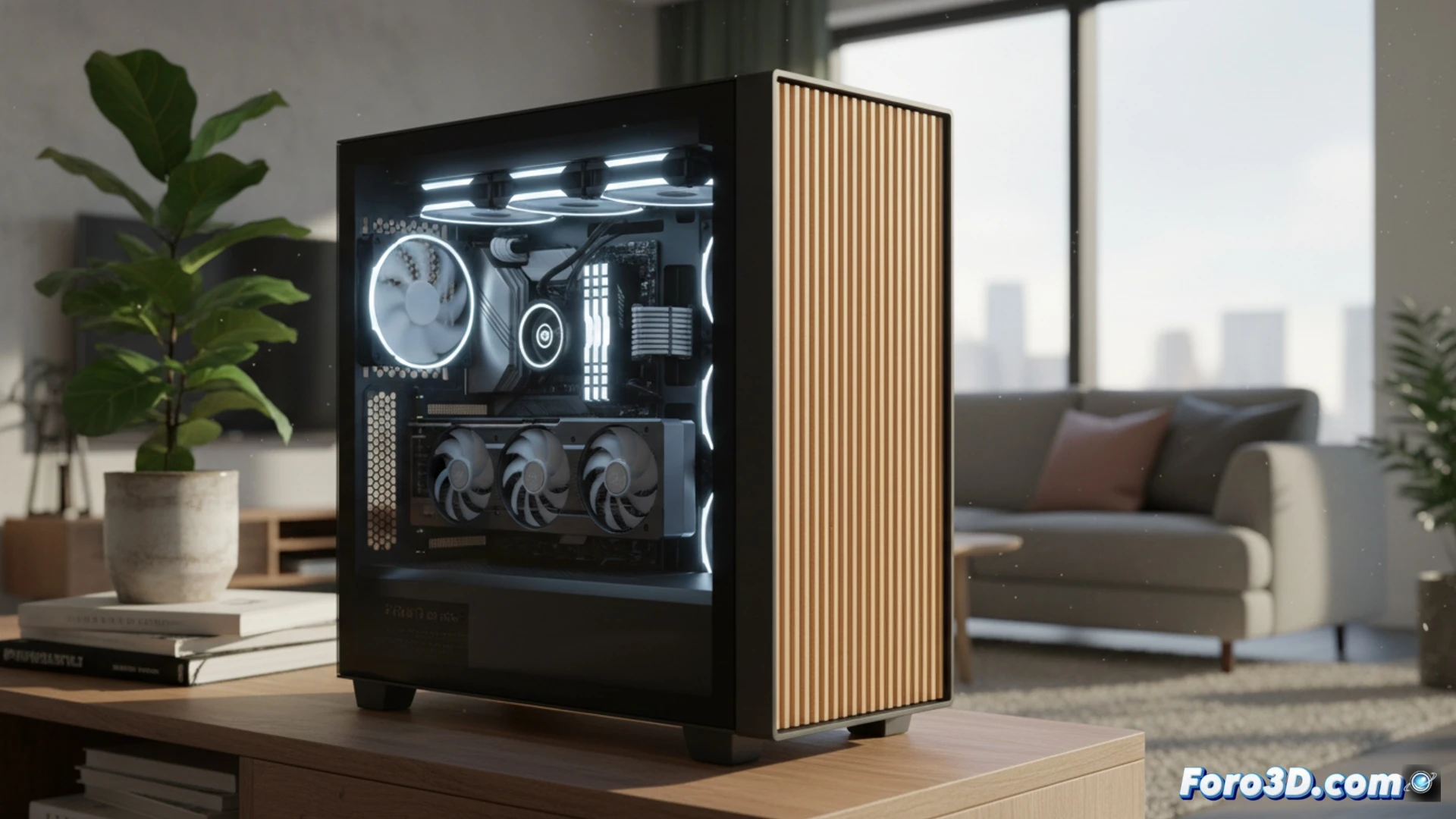 Fractal Design North XL chassis interior assembly scene, wooden front panel with visible oak grain being attached to steel frame, airflow visualization showing cool air entering through mesh side panel and passing over a large CPU cooler and dual GPU setup, cable management channels with velcro straps partially secured, screwdriver resting on bottom fan mount, natural nordic light from a window reflecting on brushed aluminum accents, photorealistic technical illustration, clean minimal workbench background, soft shadows highlighting wood texture and metal edges, no text or numbers visible