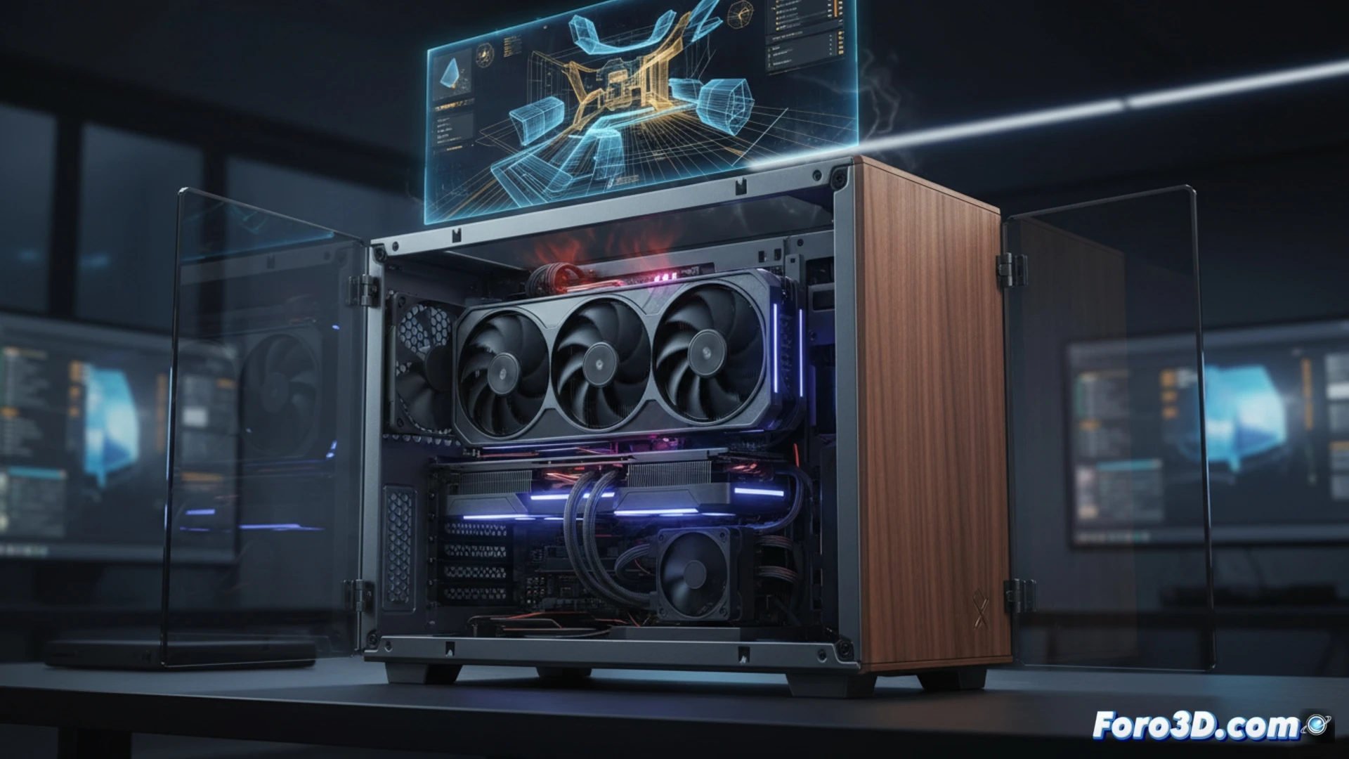 Fractal Terra chasis SFF aluminio nogal renderizado 3D GPU alta gama flujo de aire