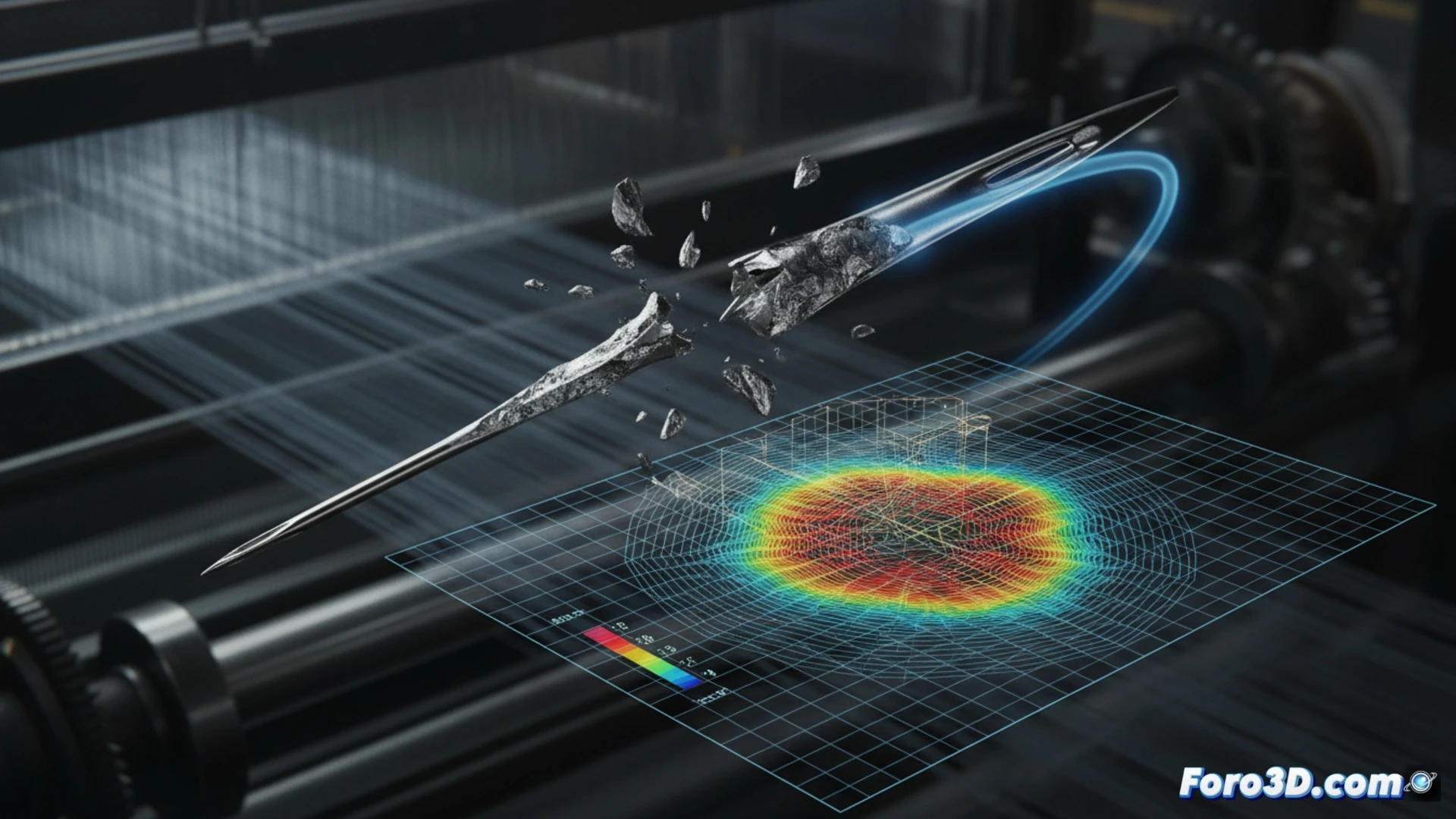 Simulación 3D de fractura por fatiga en aguja de acero templado bajo vibración armónica en telar industrial