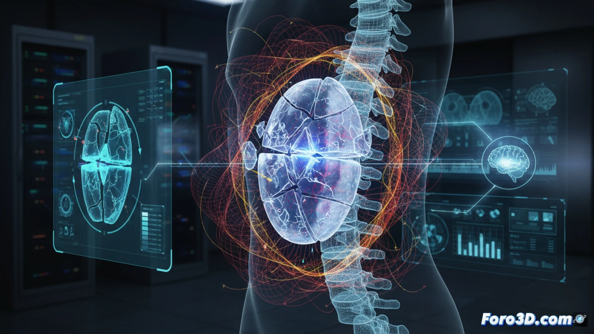 Explante de hidrogel vertebral fracturado, escaneo 3D muestra grietas y deformación del implante intervertebral.