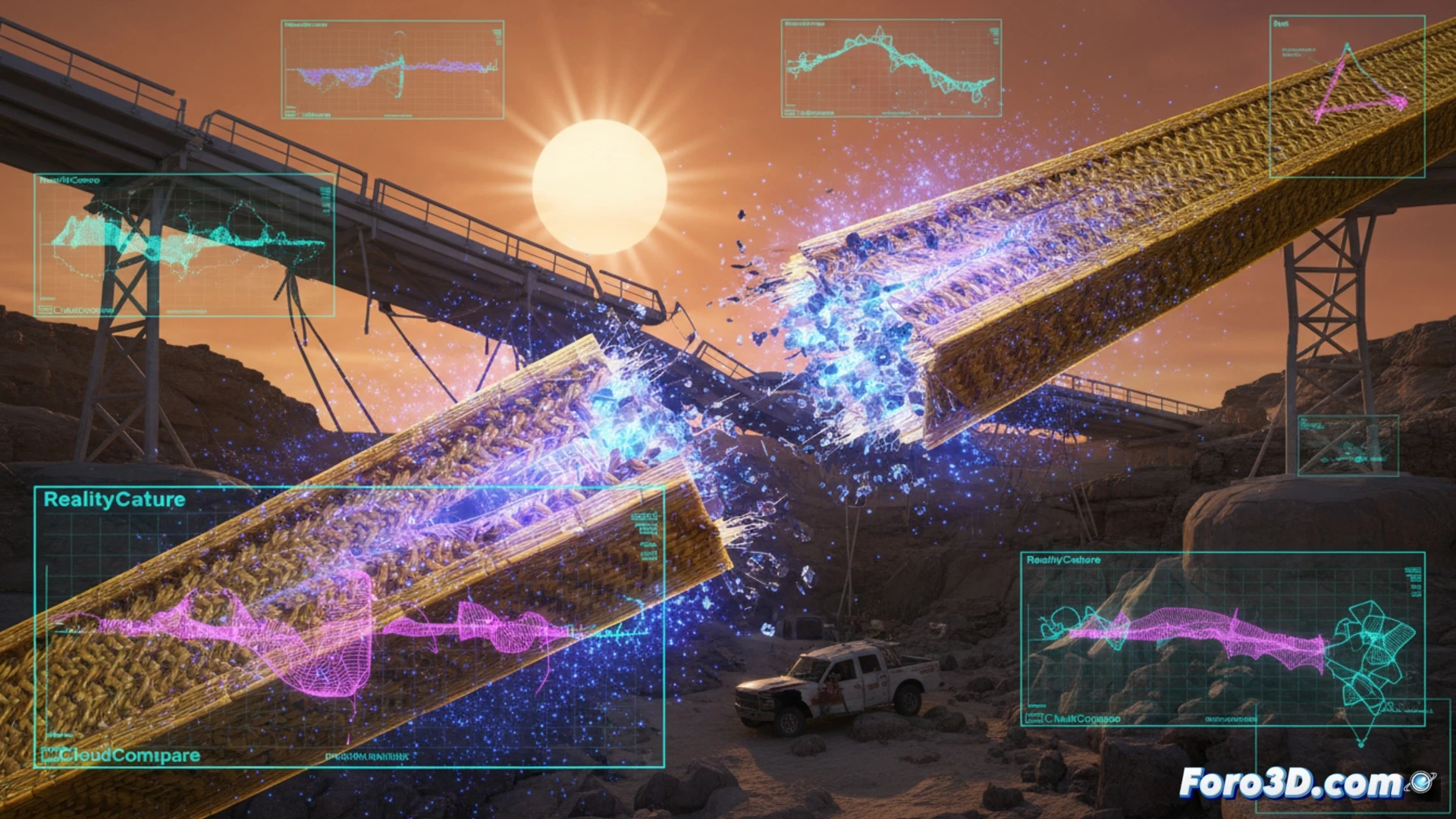 Simulación 3D de fractura en conector de aramida por degradación UV en puente modular de emergencia