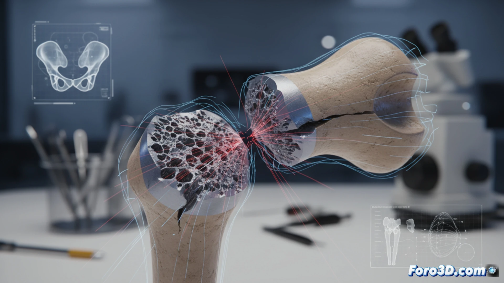 Prótesis de cadera 3D en titanio fracturada con superficie porosa visible y análisis micro-CT
