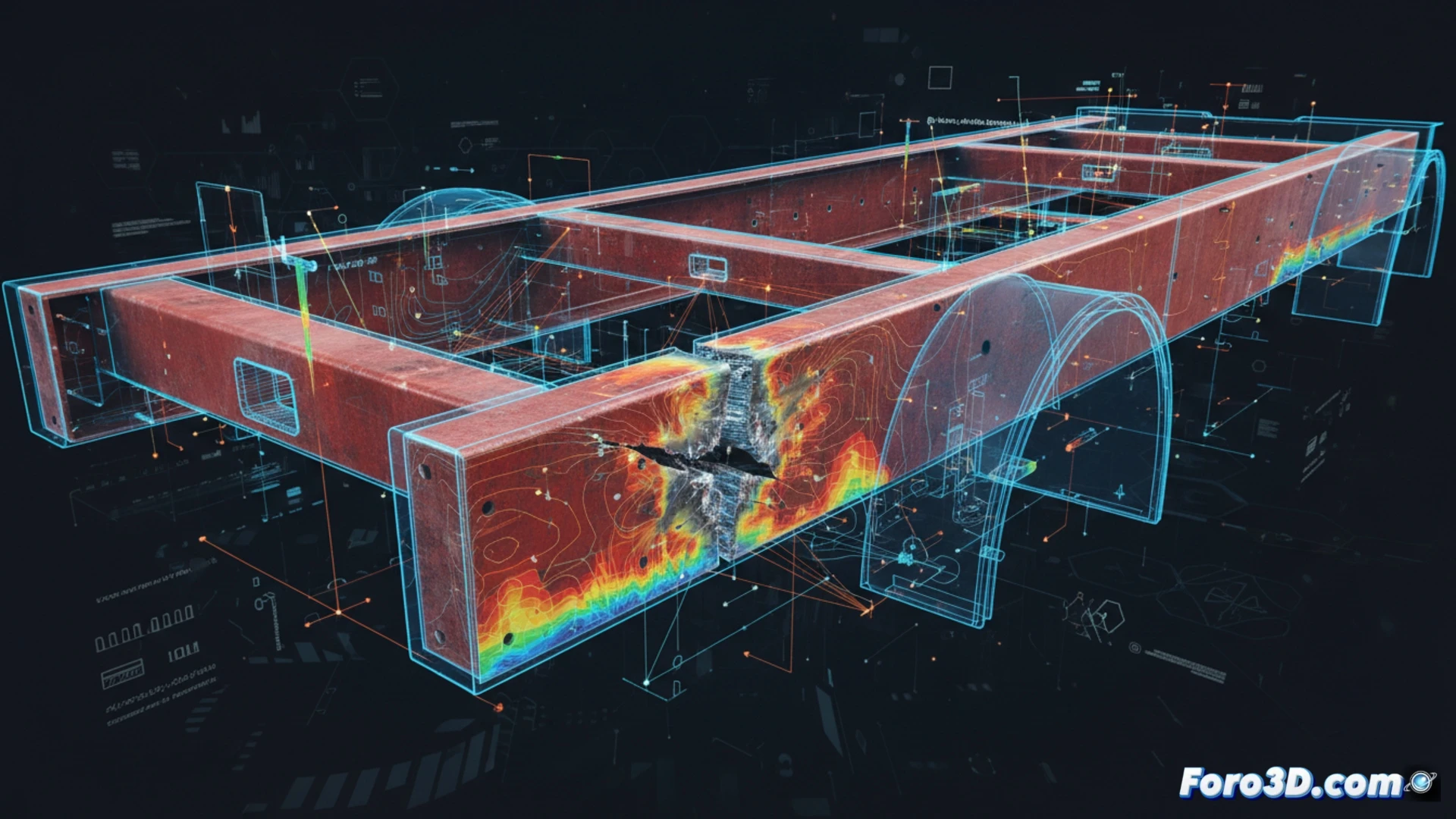 Simulación 3D de fatiga en chasis de camión de bomberos con fractura en larguero trasero y análisis de tensiones