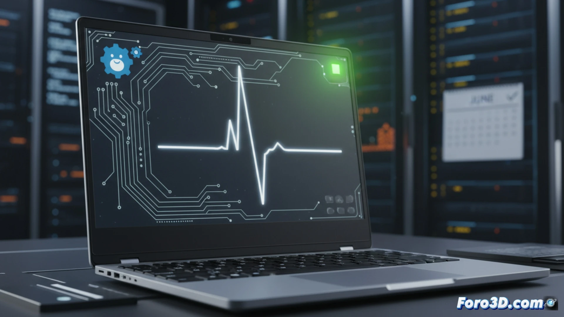 Framework laptop 13 pro motherboard with audio codec chip being probed by oscilloscope lead, waveform display showing clipped microphone signal transforming into clean sine wave, kernel patch code scrolling on laptop screen background, technician adjusting audio gain slider from 50 percent to lower level, photorealistic engineering visualization, macro lens focus on tiny surface-mount components, blue and amber indicator LEDs glowing, anti-static mat underneath, dramatic side lighting emphasizing circuit board traces, precision soldering iron resting nearby