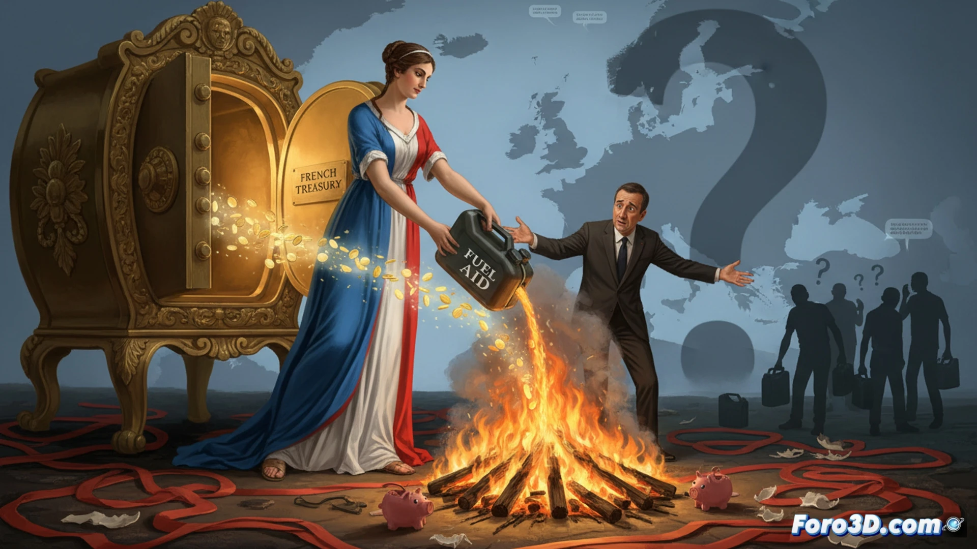 French government budget document being stamped with a large red question mark while fuel nozzle drips coins onto a scale, financial papers scattered showing blank budget lines, calculator with cursor blinking over zero, cinematic political illustration style, dramatic shadows across desk, metallic fuel pump in background, photorealistic technical render, high contrast lighting, detailed paper texture, serious institutional atmosphere
