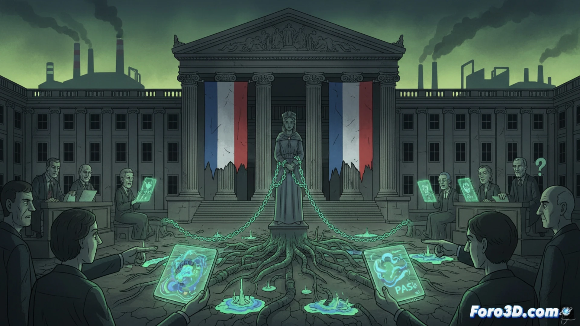 Photorealistic courtroom scene with a large digital evidence screen displaying a map of France marked with red PFAS contamination zones, water sample bottles and soil test tubes on the lawyers' table, a judge's gavel mid-strike, legal documents with chemical molecular diagrams being presented, dramatic overhead lighting, shallow depth of field focusing on the pollution map, technical illustration style, realistic textures of wood and paper, serious atmosphere, cinematic composition showing the legal process against chemical pollution