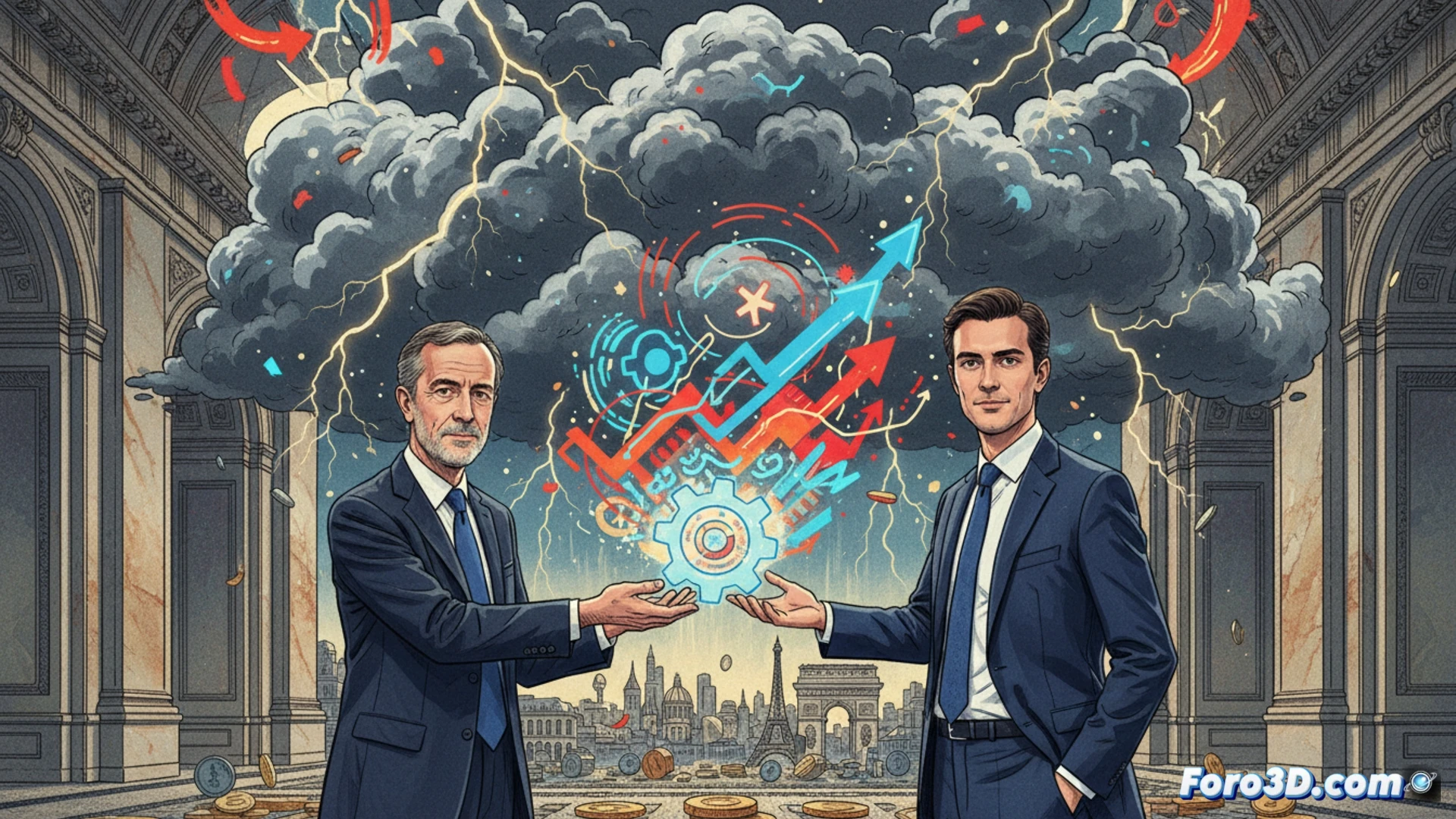 classical Parisian bank building interior, new governor Emmanuel Moulin shaking hands with outgoing François Villeroy de Galhau in front of a massive digital screen displaying live European interest rate charts and inflation curves, financial papers and a central bank seal on the marble table, both men in dark suits, dramatic chiaroscuro lighting, photorealistic technical illustration, sharp focus on handshake and glowing economic data on screen, cinematic composition