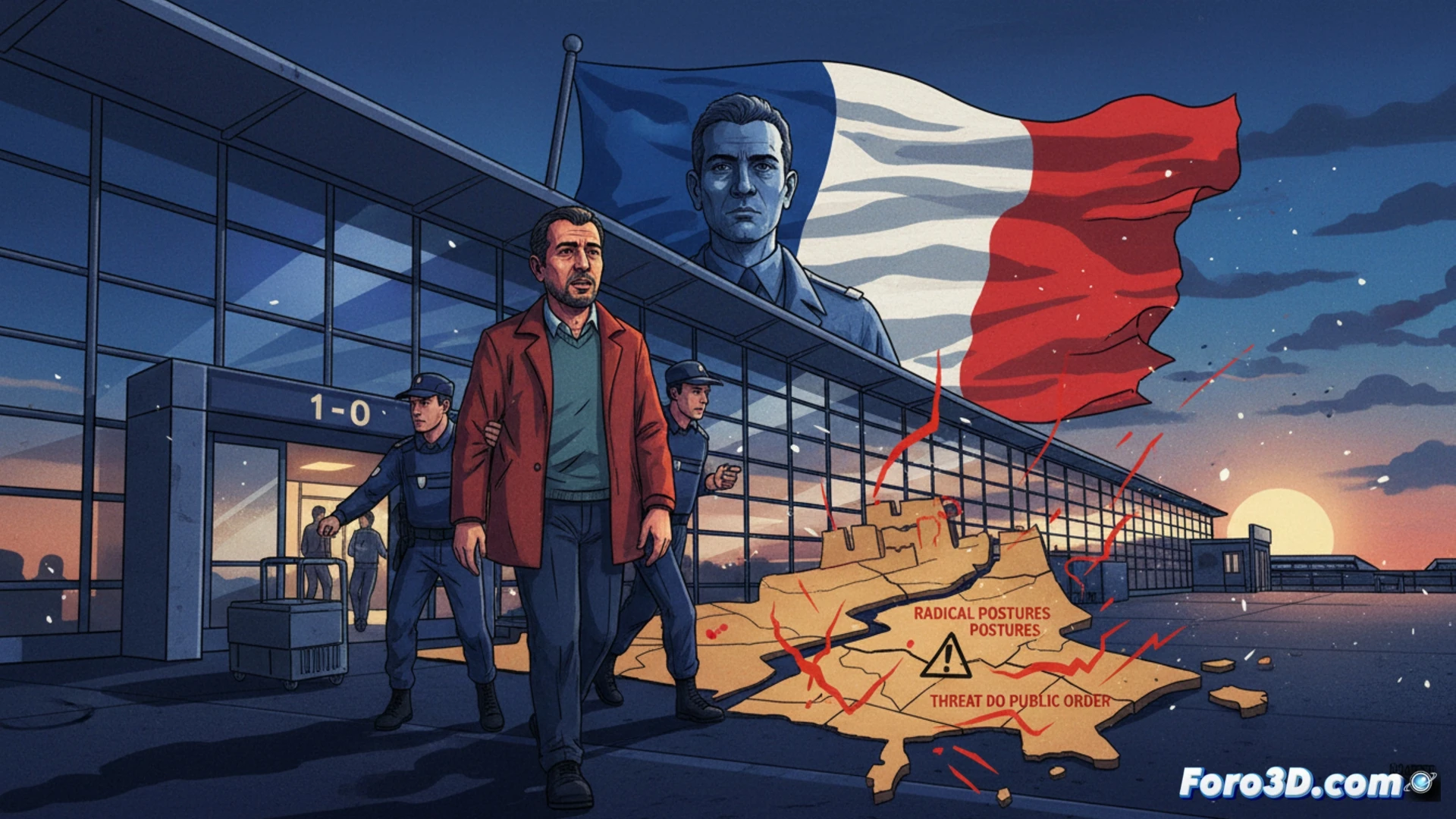 Ramy Shaath being escorted by French border police officers at Charles de Gaulle airport departure gate, handcuffed while holding a Palestinian passport, airport tarmac visible through glass walls, security agents holding deportation documents, luggage conveyor belt in background with airport signage, cinematic photorealistic style, dramatic overhead fluorescent lighting, sharp focus on official procedures, cold blue-gray color palette, high-contrast shadows, technical illustration of law enforcement protocol, demonstrating state security action during deportation process