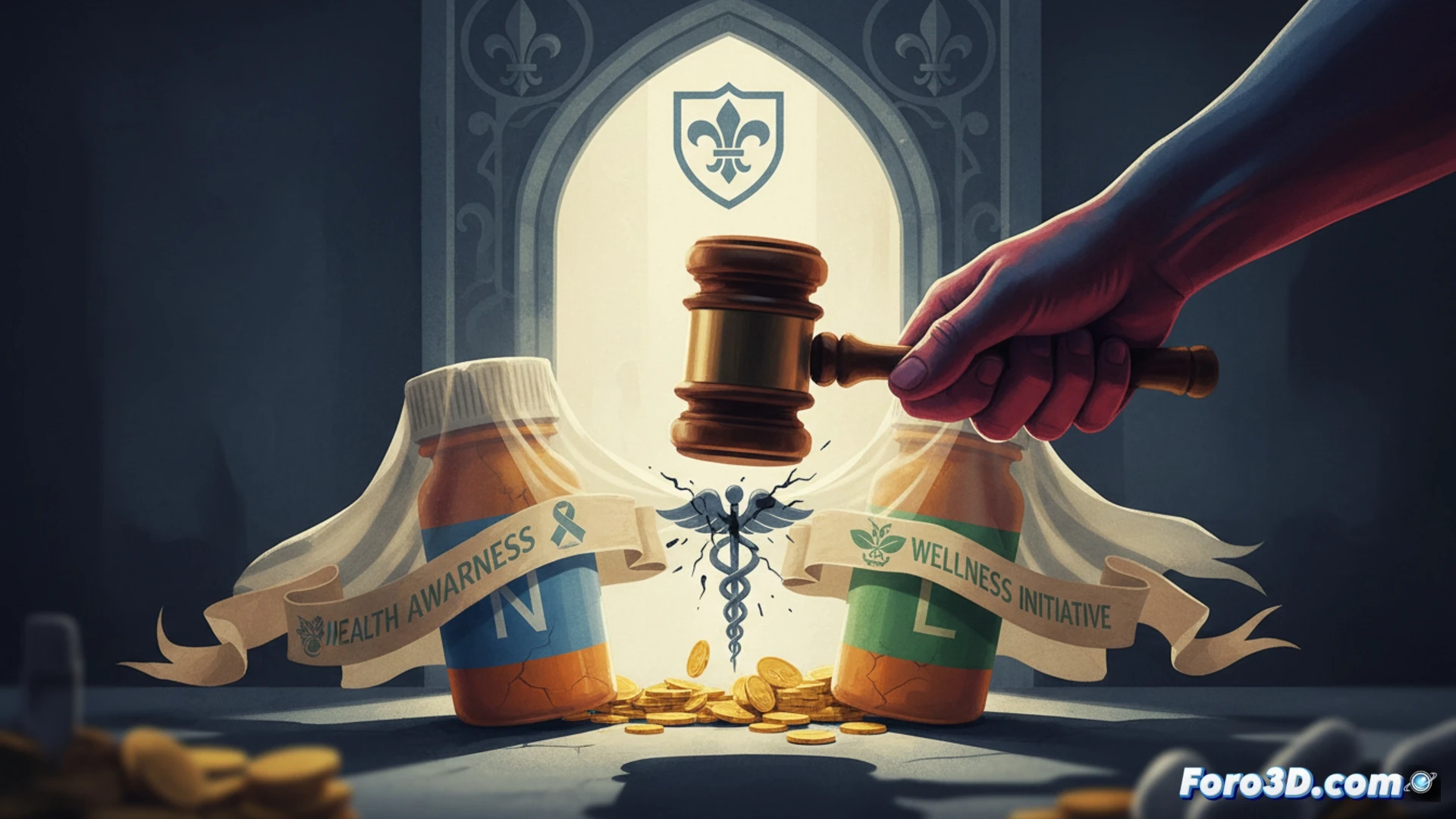 Fachada de la ANSM en Francia, con billetes de euro cayendo sobre logos de Novo Nordisk y Lilly, junto a jeringas y pastillas.