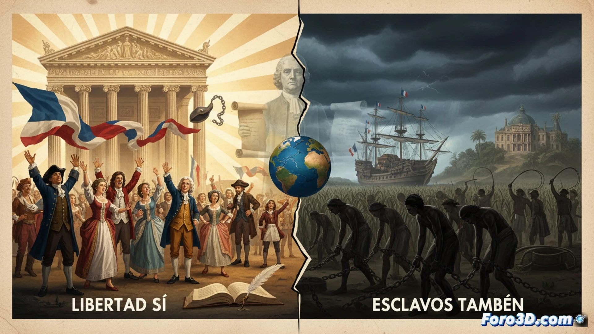cinematic scene of a 18th-century Caribbean port at dawn, French colonial ship unloading sugar barrels while shackled African slaves work on the dock, philosophers' books and quill pens scattered on a wooden crate in foreground, torn pages of Enlightenment texts blowing across the cobblestones, sugarcane field stretching to the horizon, burning plantation in distant background, split composition contrasting classical marble bust of Voltaire with iron slave chains, photorealistic historical tableau, dramatic chiaroscuro lighting, ultra-detailed textures of wood, metal, and fabric, painterly oil canvas aesthetic, 8k cinematic render