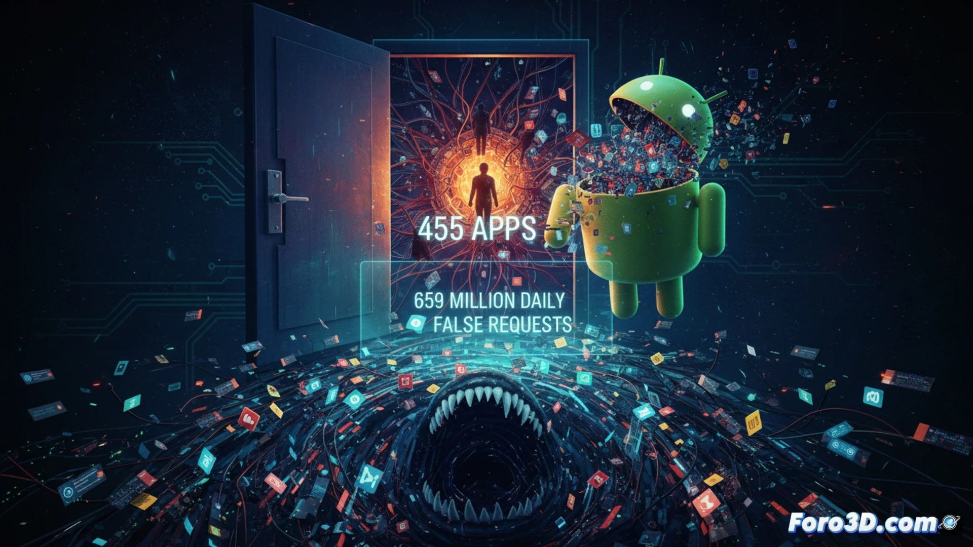 photorealistic technical scene of a smartphone screen displaying a malware dashboard, 455 app icons glowing red in a grid, a massive digital waterfall of 659 million false ad requests cascading down like fake traffic streams, a glowing trapdoor icon opening beneath the phone, human silhouette fading into a botnet shadow, forensic analysis tools scanning the data flow, cinematic dark blue and neon orange lighting, ultra-detailed circuit board textures, cyber security visualization style