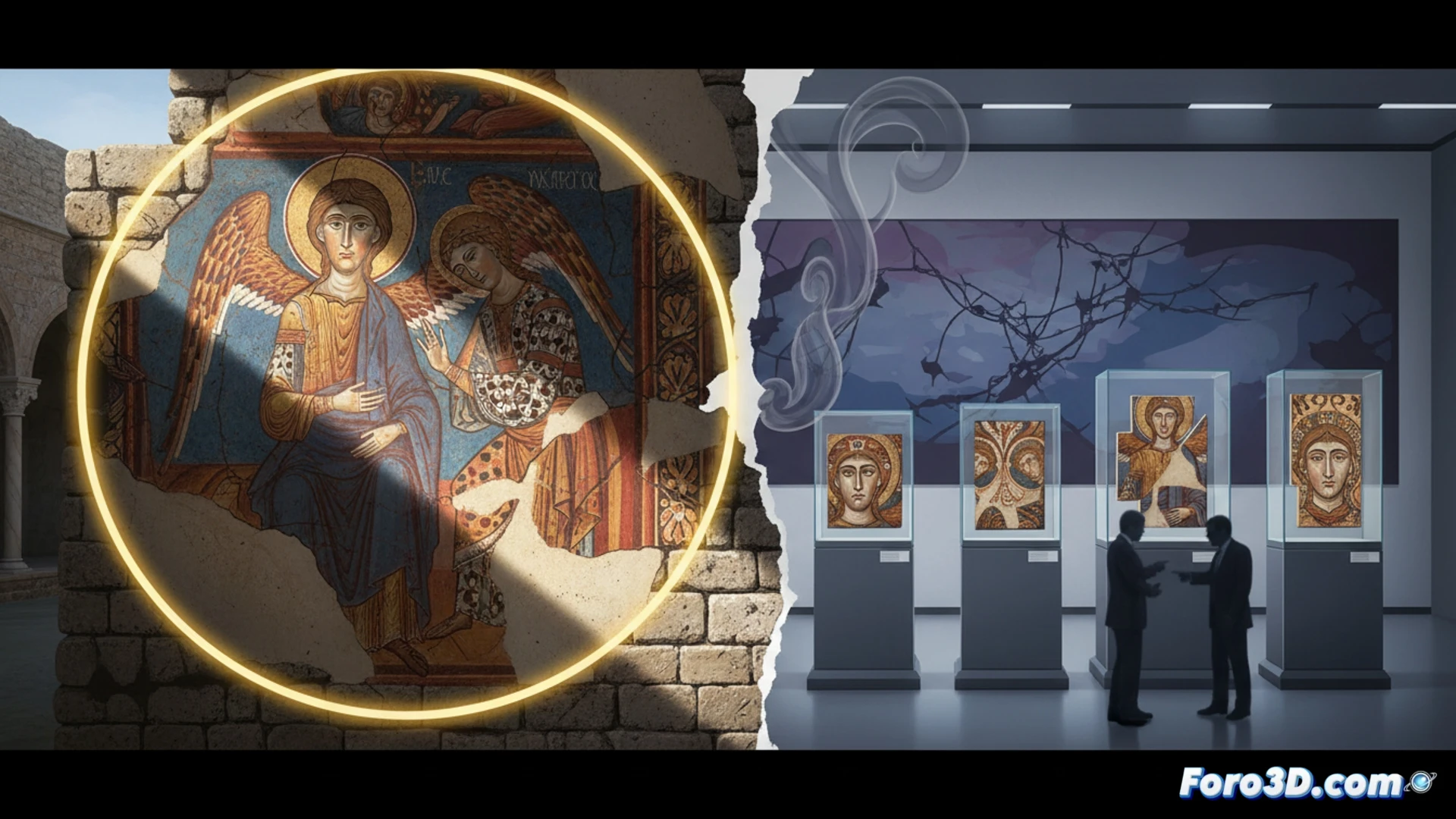 Fragmentos de frescos románicos del Monasterio de Sijena siendo examinados por un restaurador con luz ultravioleta, pincel de precisión aplicando microgotas de consolidante sobre pigmentos desgastados, grietas visibles en la superficie pictórica medieval, mesa de luz técnica mostrando capas subyacentes, lupa binocular y espátulas de laboratorio junto a un monitor mostrando espectrografía, ambiente de taller de conservación con estanterías metálicas, iluminación cenital fría, estilo fotográfico documental ultra realista, textura de pintura al temple craquelada, polvo de yeso suspendido en el aire, atmósfera de estudio científico patrimonial, alta definición técnica.