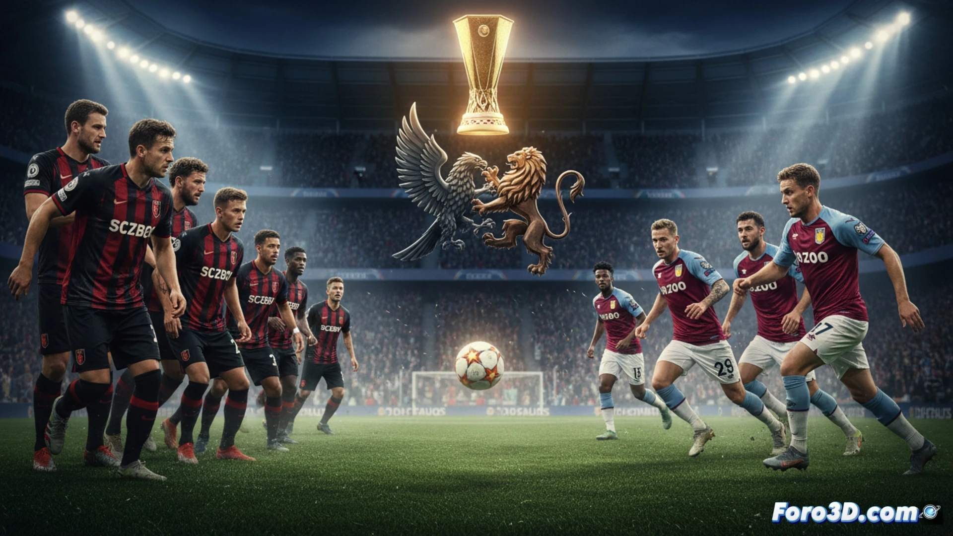 two football teams mid-match in a high-stakes Europa League final, Freiburg players forming a compact defensive wall while Aston Villa attackers burst forward with dynamic movement, a midfielder executing a precise long pass under stadium lights, tactical formations visible with players in action, cinematic sports photography style, dramatic shadows on the grass, intense facial expressions, motion blur on the ball, photorealistic render with deep depth of field, stadium crowd blurred in background, ultra-detailed kit textures and grass blades