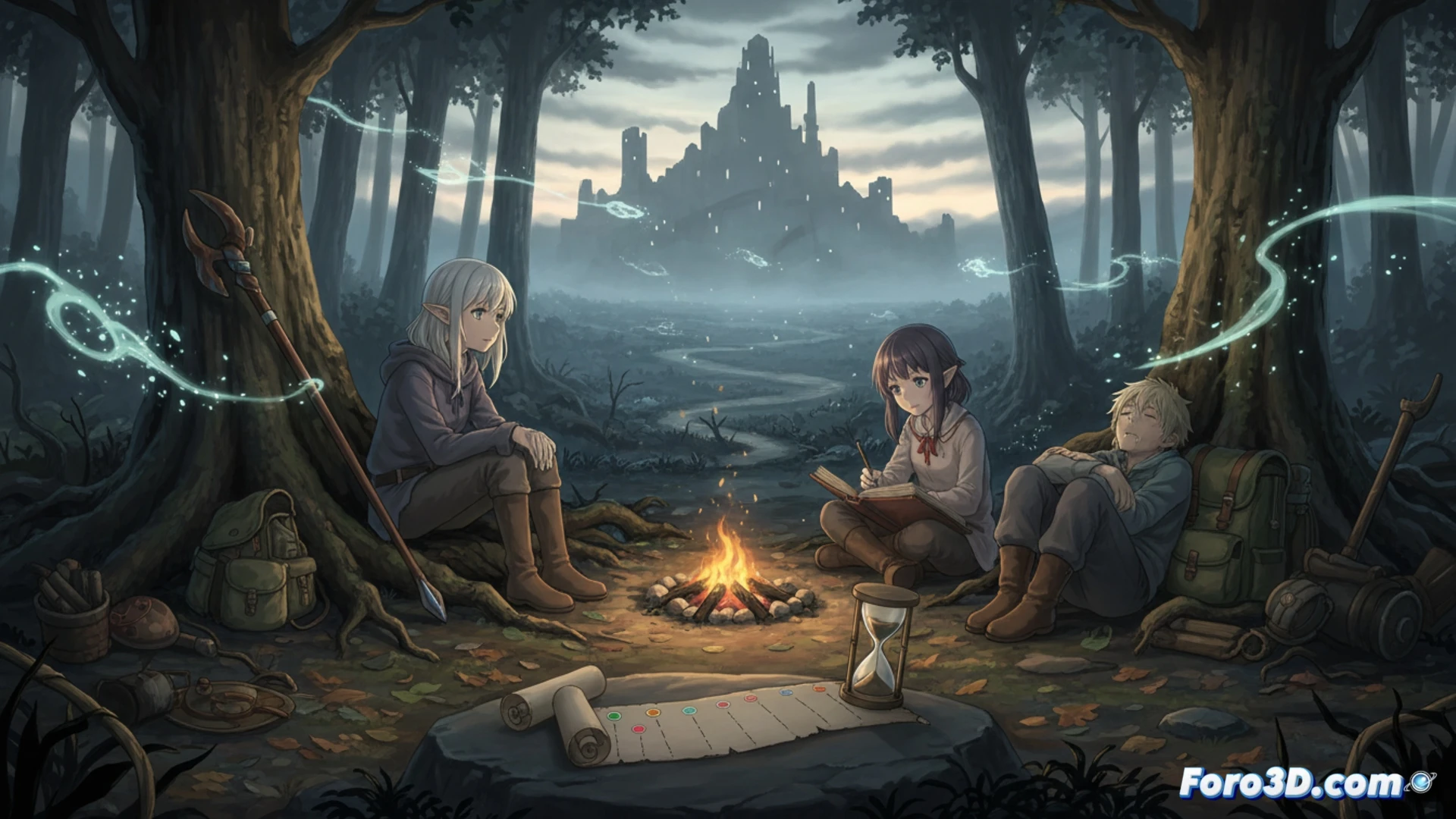 Una escena de Frieren con colores apagados y ritmo pausado: la maga mira un paisaje vacío, mientras un cartel de MyAnimeList muestra su ranking superando a Fullmetal Alchemist.
