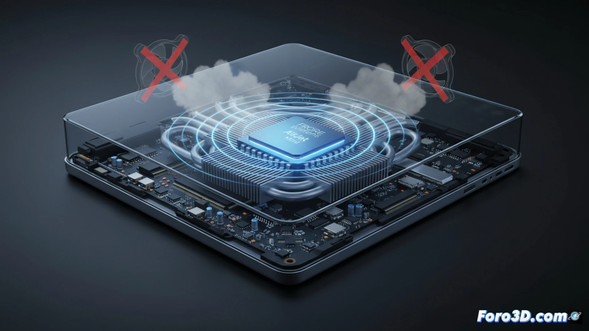 AirJet Mini chip de estado sólido en primer plano, vibraciones ultrasónicas visibles como ondas de presión doradas expulsando calor de un disipador metálico, flujo de aire silencioso sin aspas mecánicas, placa base con condensadores y circuitos alrededor, comparación visual con ventilador tradicional detenido al fondo, estilo photorealistic engineering visualization, iluminación técnica azul y naranja, texturas de silicio pulido y cobre cepillado, acción dinámica de partículas térmicas siendo desplazadas, fondo oscuro con reflejos metálicos, ultra-detallado macro shot, sin texto ni números visibles
