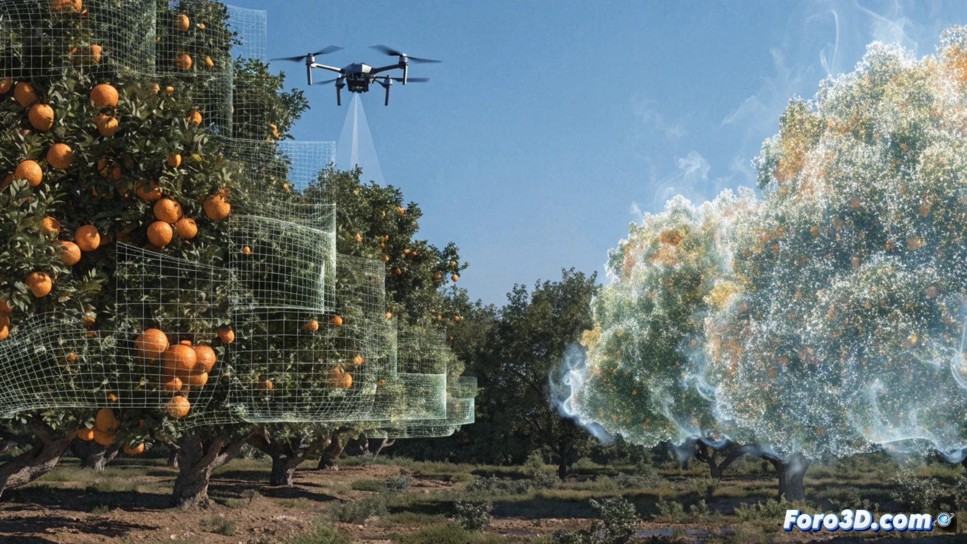 Dron con sensor LiDAR sobrevuela un huerto de manzanos, generando un gemelo digital 3D del árbol en una tableta, con datos de riego y sol.