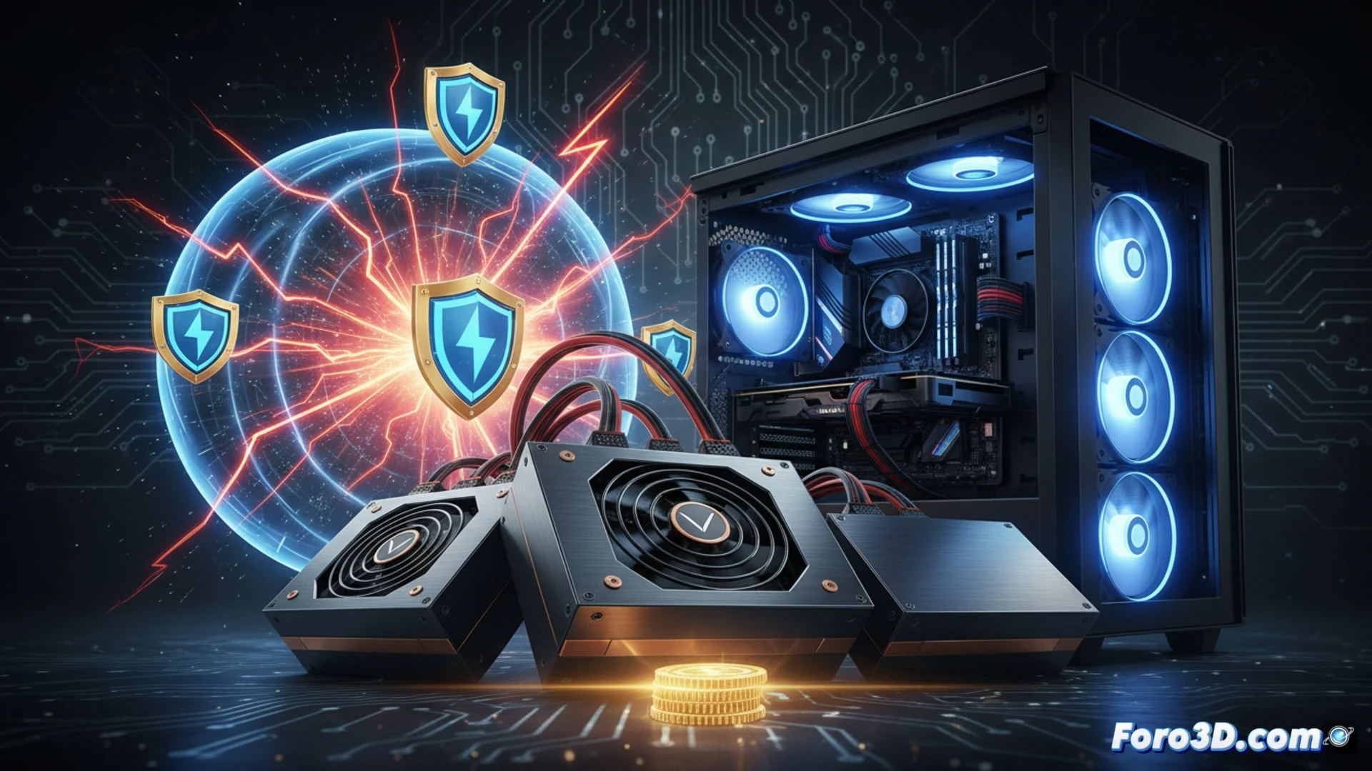 Descripción: Fuente de alimentación de gama alta instalada en un PC, protegiendo la placa base y componentes con su diseño robusto y estable.