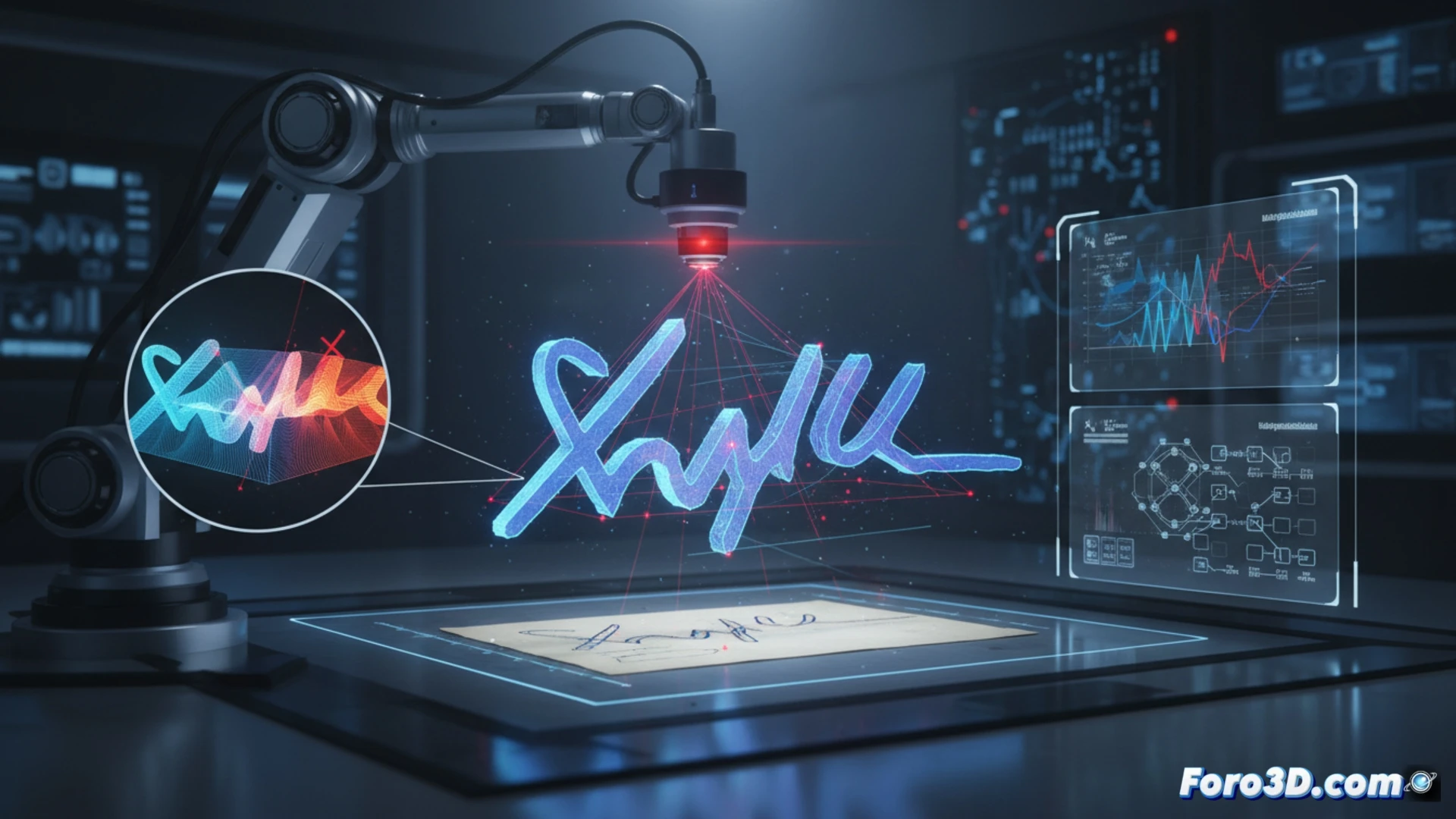 Escáner 3D analizando presión de firma en documento para detección de falsificaciones forenses