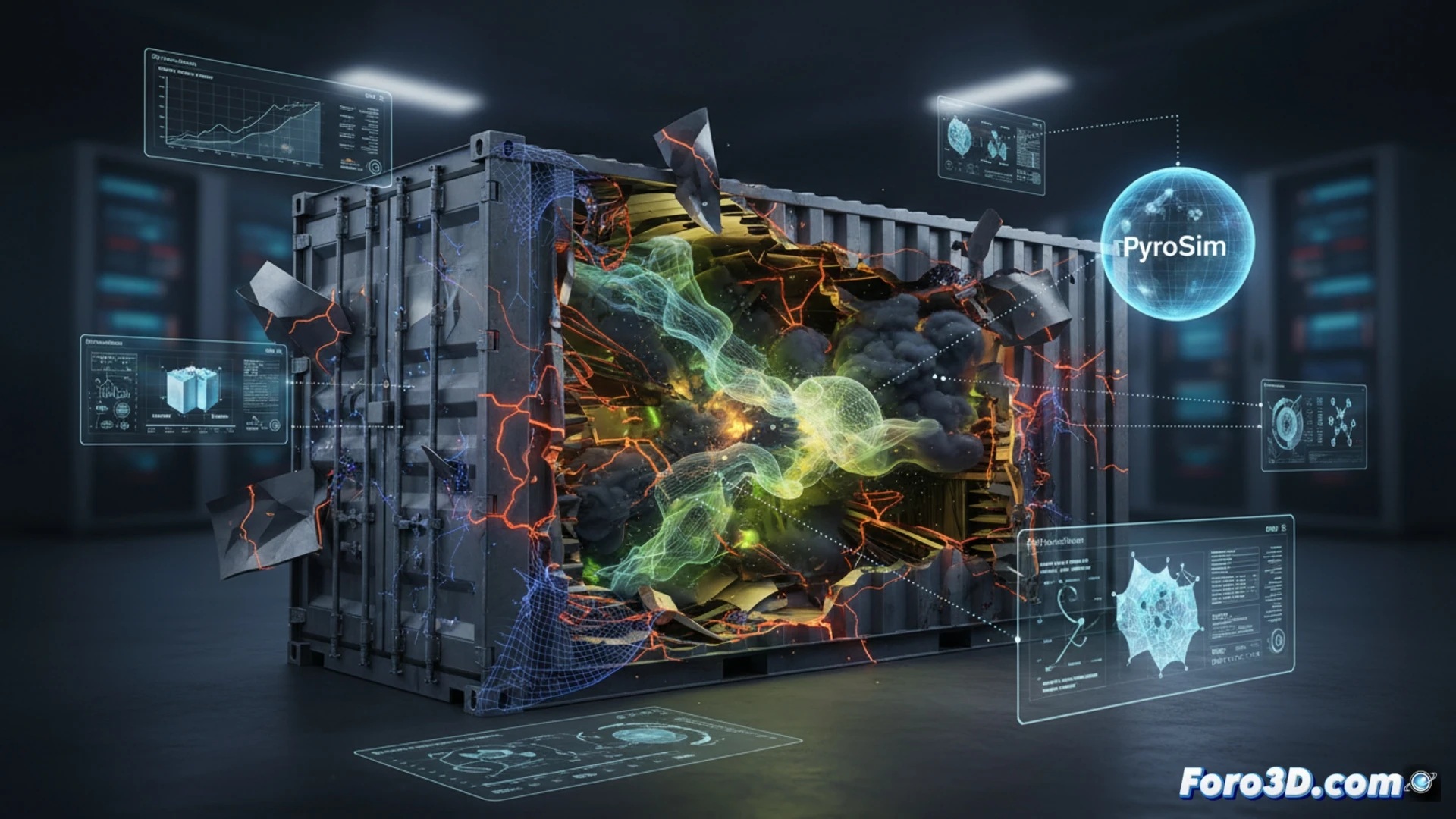 Simulación 3D de fuga térmica en batería BESS con deformación plástica del contenedor marítimo y gases tóxicos