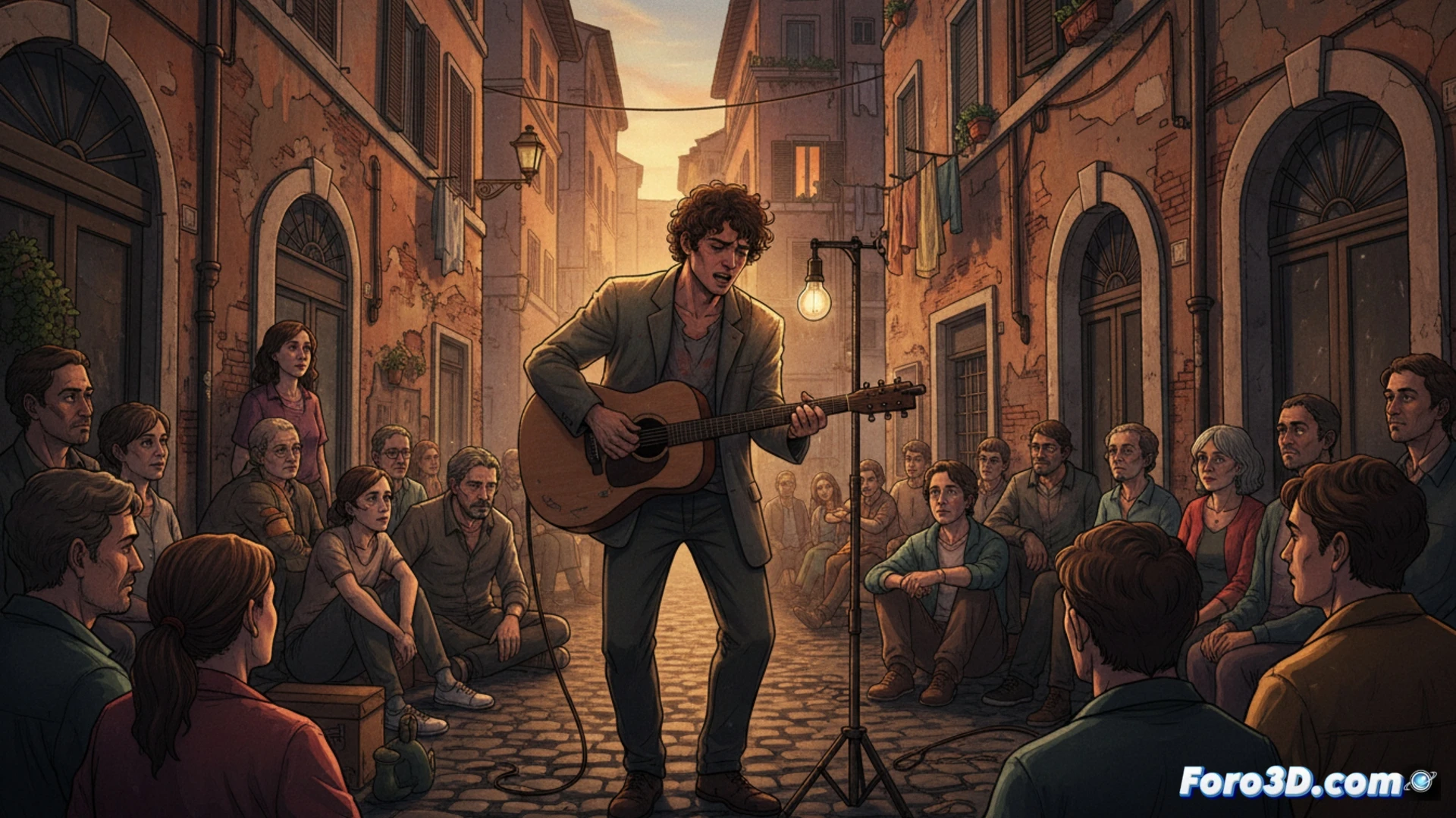 Fulminacci canta en una calle adoquinada de Trastevere, rodeado de luces cálidas y público íntimo que refleja la fragilidad humana.