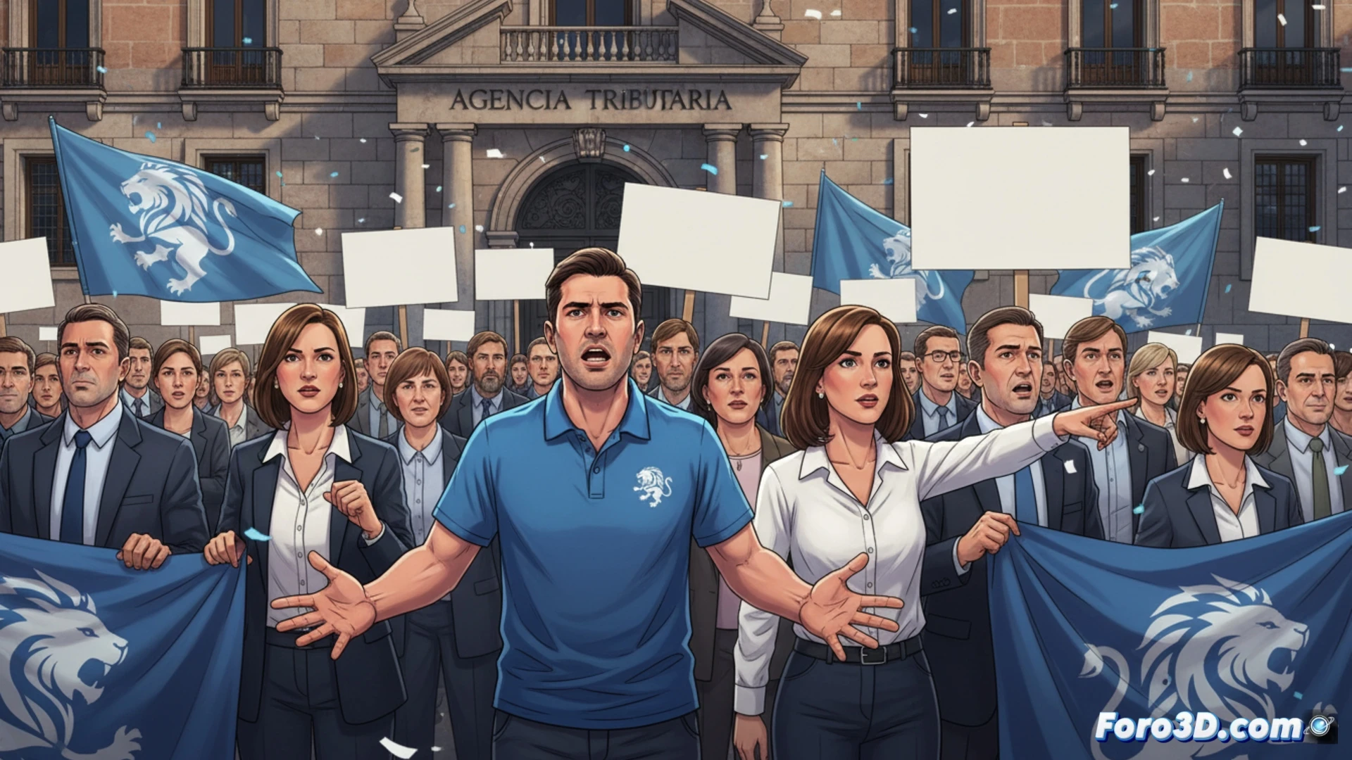 Funcionarios de CSIF protestan frente a la Agencia Tributaria de León; carteles exigen fin a la sobrecarga fiscal y más personal.