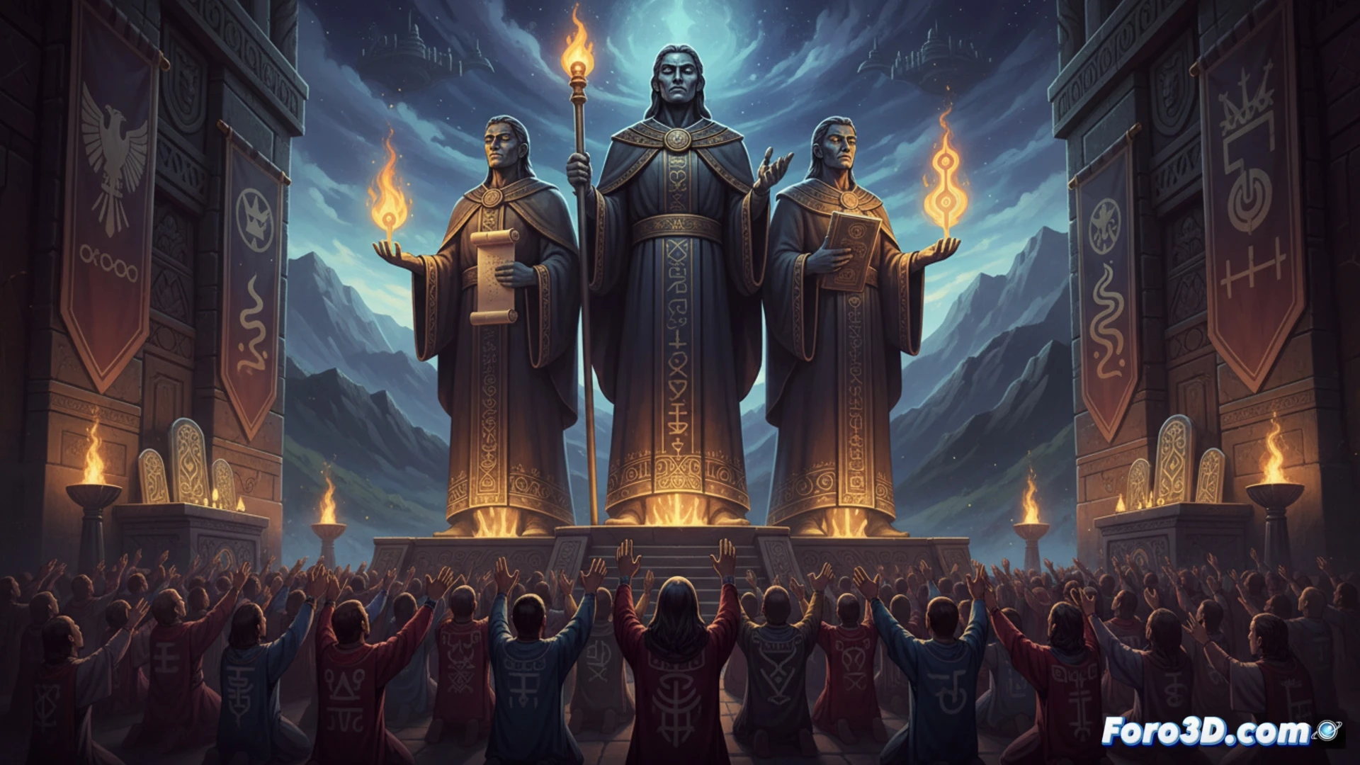 ancient marble statues of three political founders in a dimly lit temple-like hall, digital screens embedded in pedestals displaying glowing ideological texts, worshippers in modern suits bowing with hands pressed together while holographic halos flicker above the statues, smoke machines emitting ritualistic fog around the scene, a single cracked statue being restored by robotic arms under bright surgical lights, cinematic photorealistic render, dramatic chiaroscuro lighting from overhead spotlights, polished stone floor reflecting the eerie glow, ultra-detailed textures of marble veins and digital interfaces, motion blur on drifting smoke particles, technical visualization of ideological preservation process