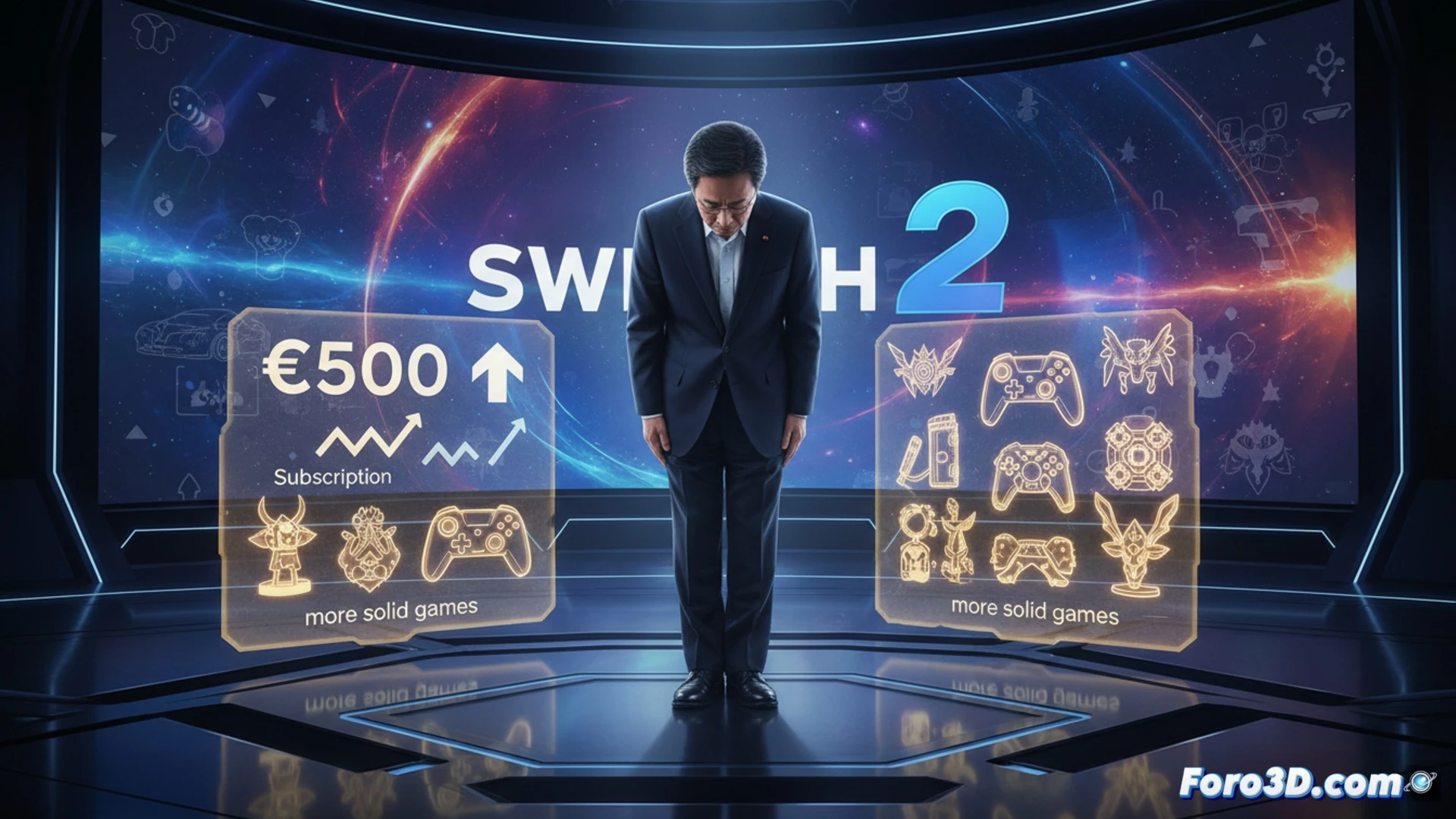 Furukawa inclinándose en un podio, con gesto serio, mientras detrás una pantalla muestra la Switch 2 y logos de juegos.