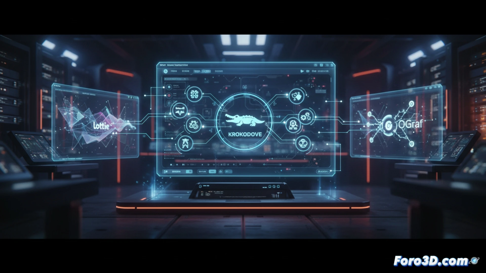 Un monitor de edición muestra la interfaz de Fusion Studio 21.0 beta, con el menú de Krokodove desplegado y símbolos de formato Lottie y OGraf flotando junto a herramientas de animación y texto.