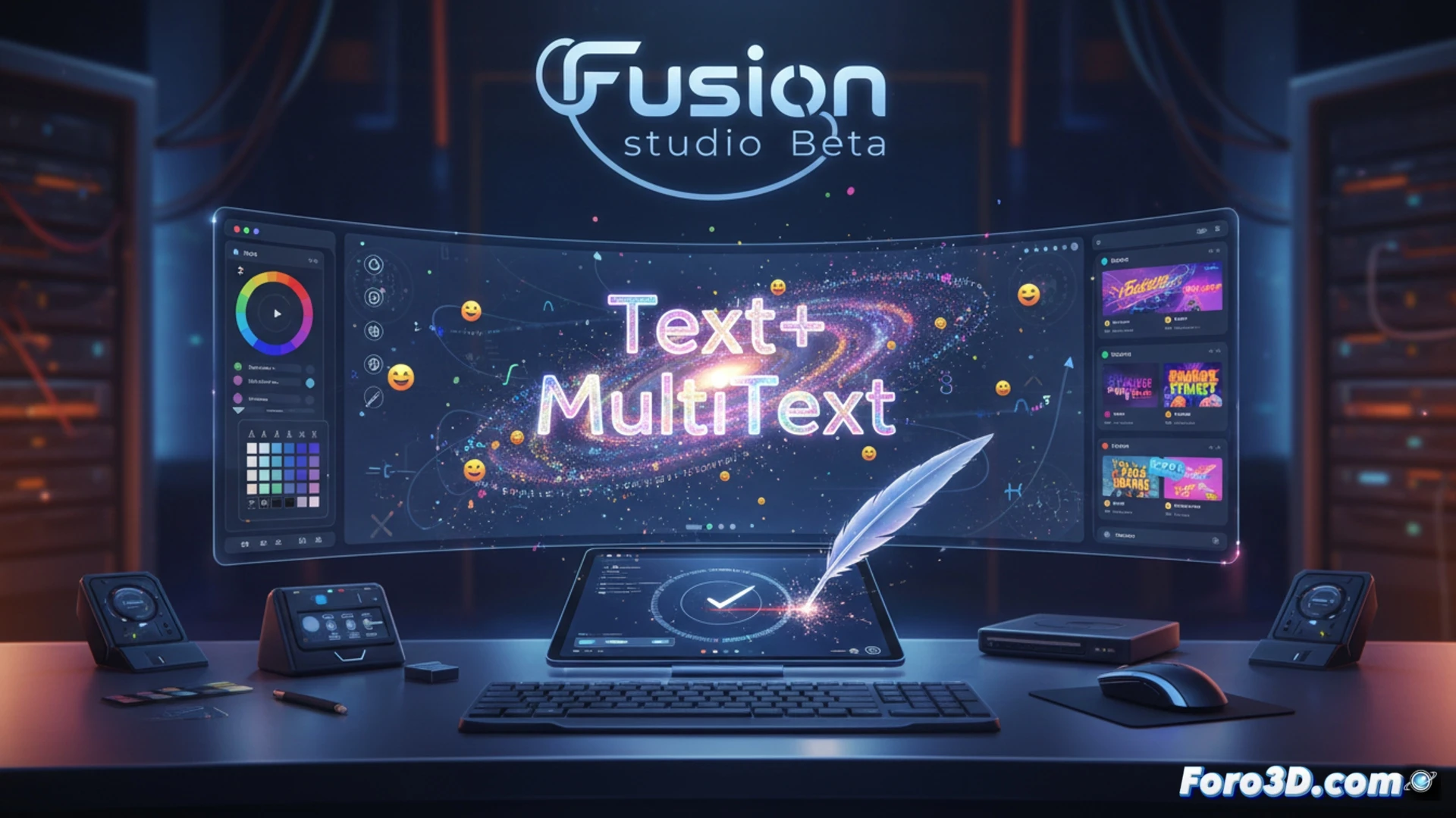 Interfaz de Fusion Studio Beta muestra herramientas Text+ y MultiText con fuentes de color, emojis y corrector ortográfico activo, sobre fondo oscuro.