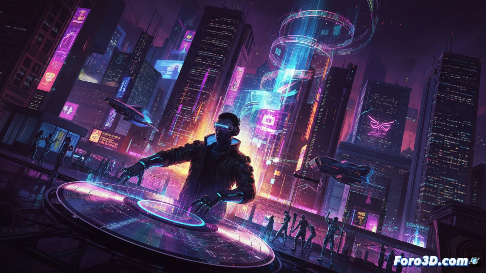 Ilustración vibrante de Night City con neón púrpura y azul, destacando un disco vinilo polaco futurista sobre un fondo cyberpunk.