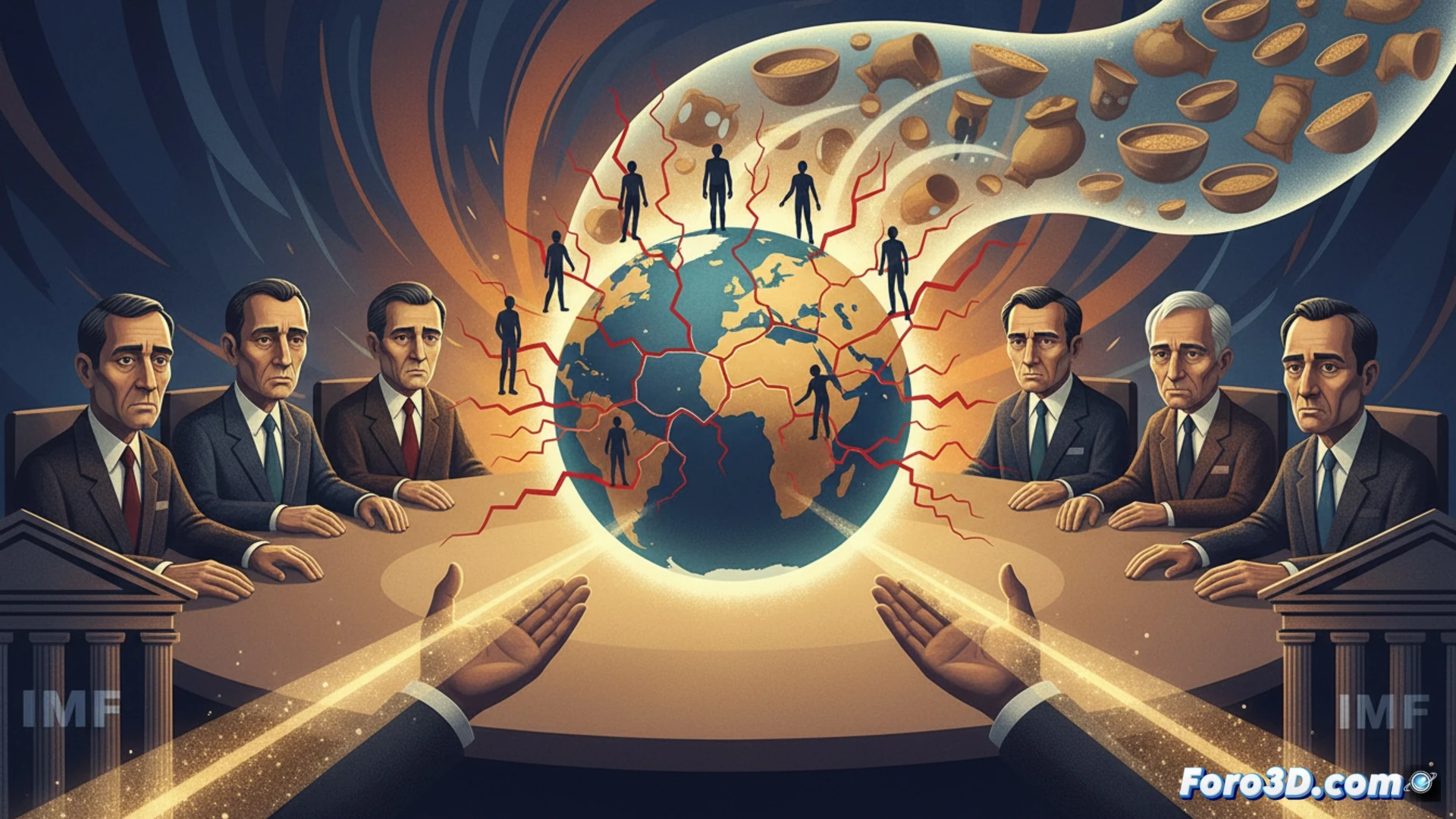 G7 finance ministers meeting in a crisis command center, digital world map showing 50 million hunger hotspots pulsing red, IMF and World Bank documents spread across a glass table, French minister Lescure pointing urgently at a collapsing food supply chain infographic, holographic data streams showing grain shortages and rising prices, technical visualization with sleek futuristic boardroom, cinematic photorealistic style, dramatic overhead lighting casting long shadows, ultra-detailed facial expressions of concern, realistic data projections on transparent screens