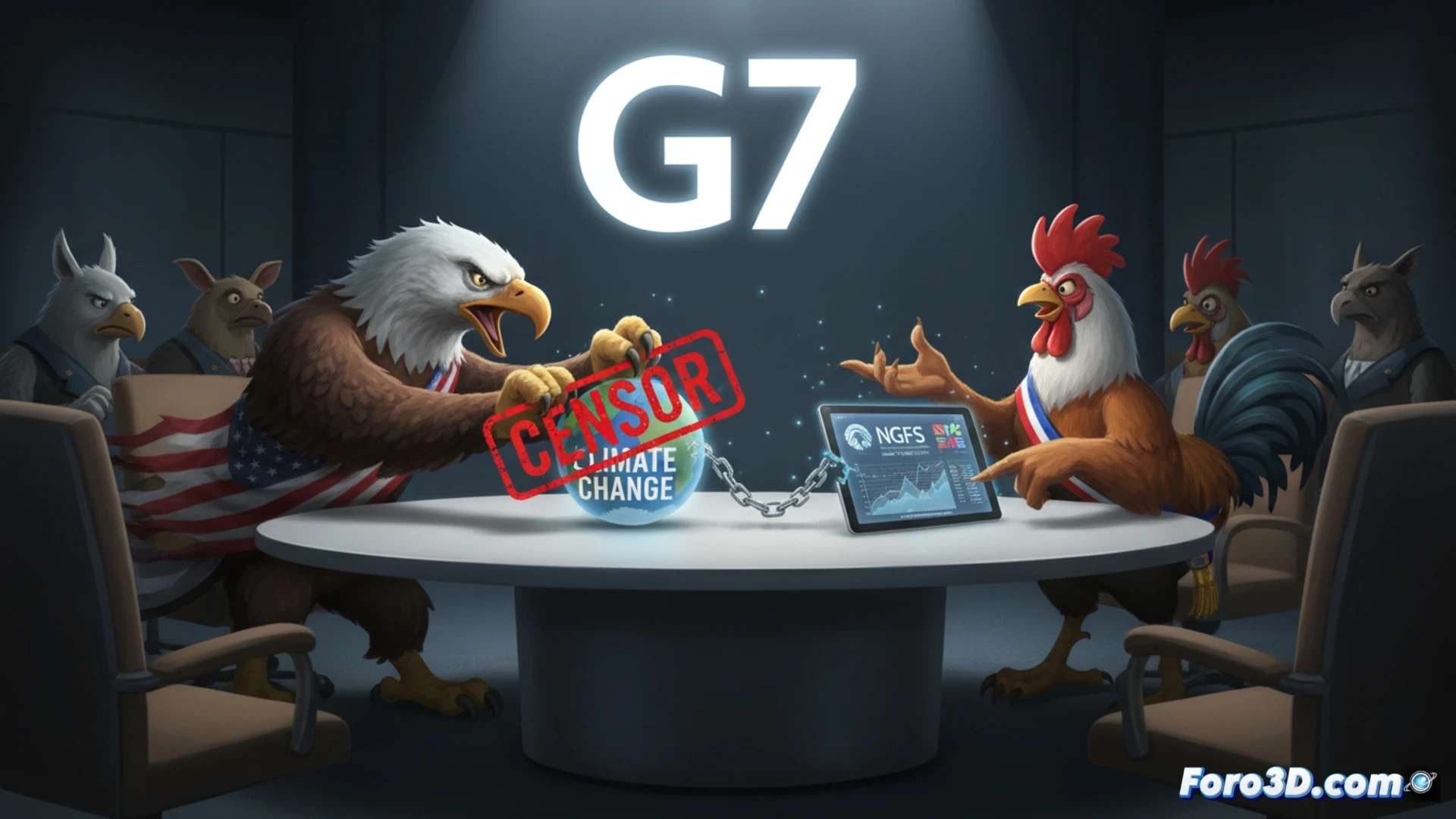 G7 summit negotiation table, glowing digital globe projected above with climate data streams, US delegate erasing change climate text from a holographic document while French delegate highlights a NGFS risk report showing extreme weather cost curves, Federal Reserve seal fading from the central bank coalition map, polished wood surface reflecting screen light, cinematic photorealistic visualization, tense diplomatic action, dramatic chiaroscuro lighting, technical data overlays, ultra-detailed suits and microphones, professional political thriller aesthetic