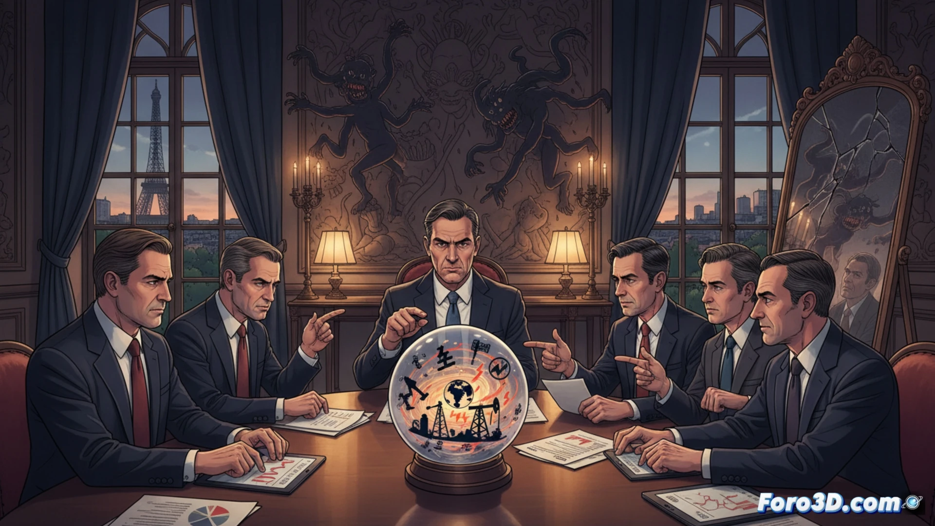 G7 finance ministers seated around a circular conference table in Paris, pointing fingers at a holographic globe displaying energy pipelines and price spikes, while a broken gear labelled EU sanctions lies discarded under the table, cinematic political visualization, photorealistic interior, dramatic shadows from overhead chandeliers, ministers gesturing defensively, papers scattered with energy charts, no visible self-reflection, tense body language, ultra-detailed suits and expressions, dark moody lighting