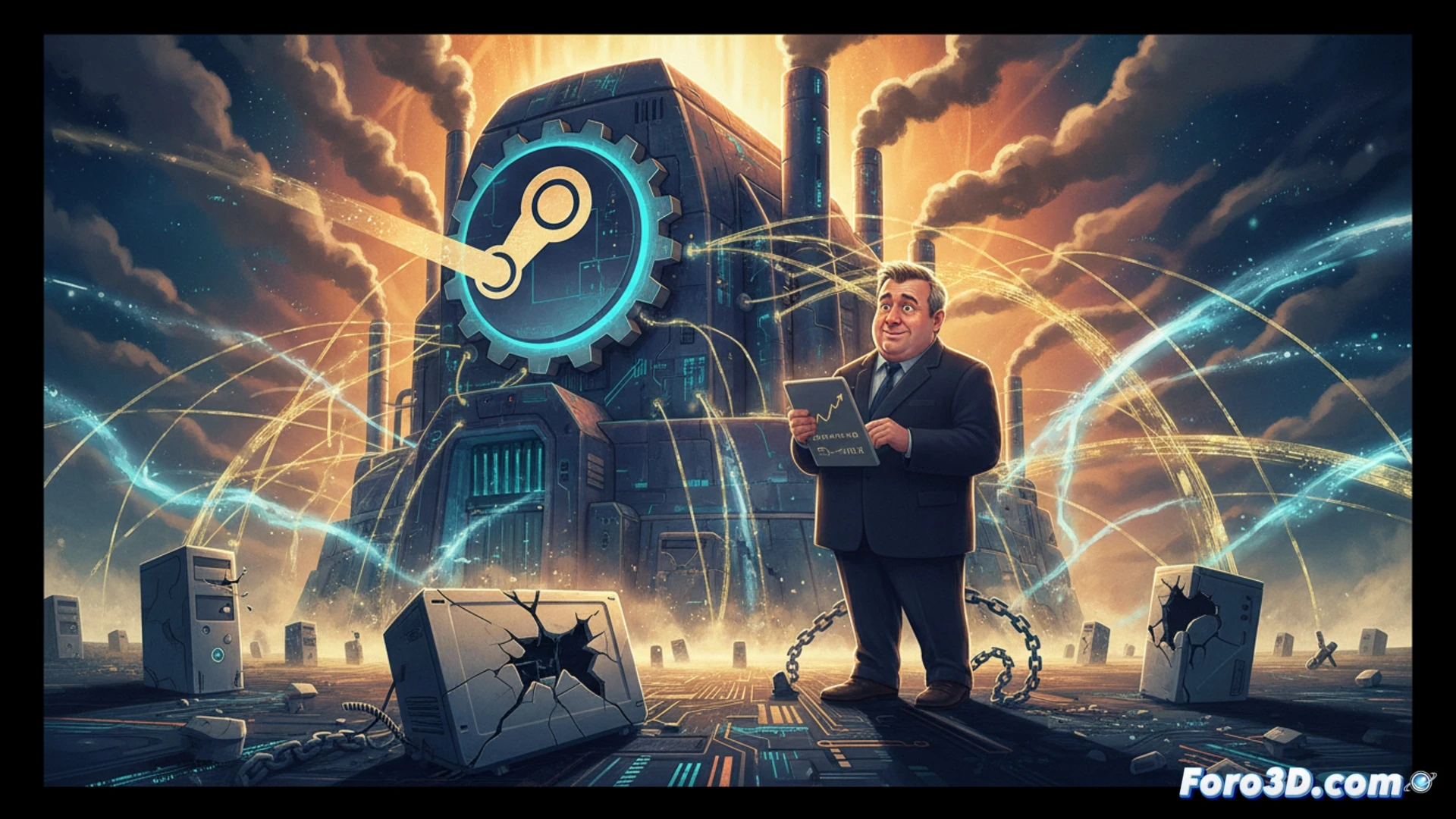 Gabe Newell, con expresión pensativa, observa el logo de Steam que domina un paisaje digital lleno de juegos, simbolizando su éxito inesperado.