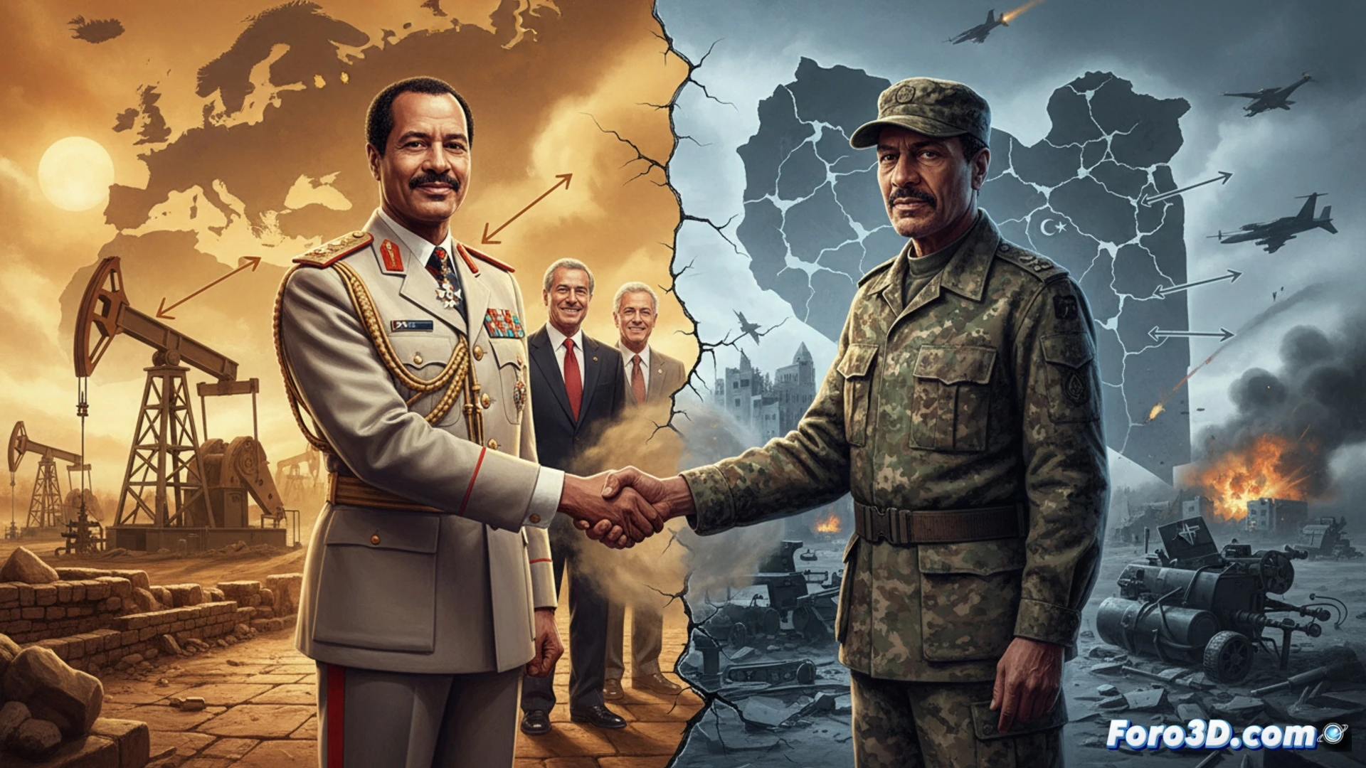 Libyan desert oil pipeline splitting into two diverging paths, one side showing European Union flags and oil tanker silhouettes, the other side transforming into NATO fighter jets and missile trails, Muammar Gaddafi standing at the fork in military uniform, hands shifting from offering a barrel to pointing at a radar screen, cinematic photorealistic engineering visualization, desert heat haze distorting the horizon, cracked ground underfoot, metallic pipeline reflecting harsh sunlight, dramatic contrast between golden sand and dark smoke clouds, ultra-detailed textures of oil valves and jet engine turbines