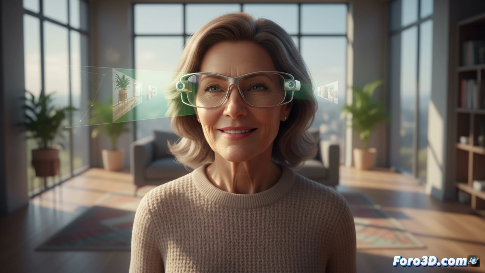 Photorealistic technical illustration of a person with hemianopsia wearing mixed reality glasses in a cluttered living room, the glasses side-mounted camera capturing a chair and table in the blind peripheral zone, that scene displayed as a miniature holographic overlay inside the user intact central vision, the user hand reaching to avoid a low coffee table, glowing cyan wireframe obstacle boundaries projected onto furniture, translucent augmented reality interface lines connecting camera feed to the mini display, cinematic engineering visualization, neutral indoor lighting, soft bokeh background, ultra-detailed glasses hardware with visible sensors and lenses, photorealistic medical technology render