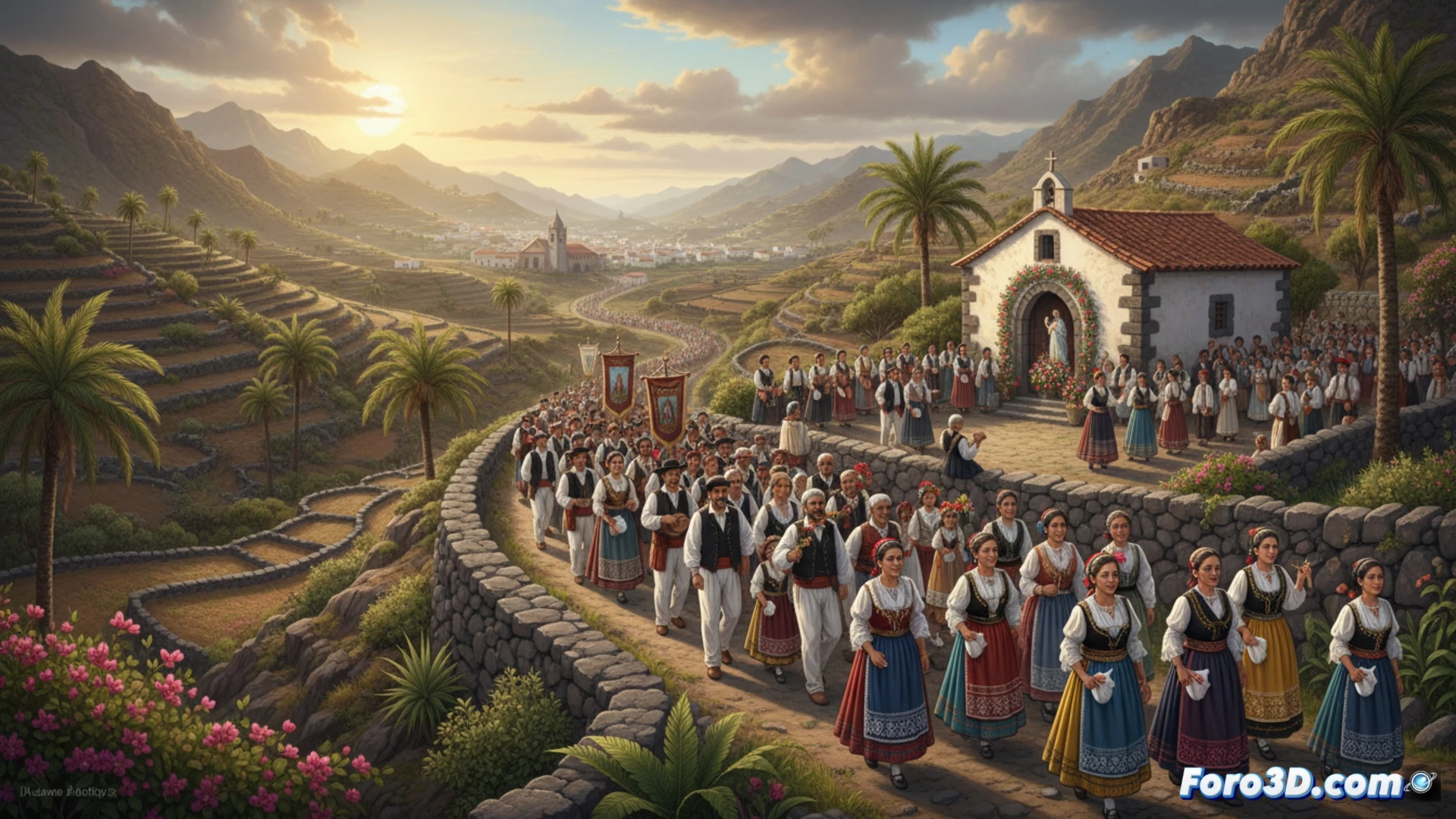 Procesión religiosa recorriendo un sendero rural de tierra hacia la ermita blanca de Anzofé, fieles llevando estandartes bordados y velas encendidas durante el atardecer, montañas volcánicas de Gran Canaria al fondo, polvo levantado por los pasos mientras la luz dorada ilumina los rostros devotos, campesinos con trajes tradicionales canarios, palmeras y tuneras bordeando el camino, estilo cinematográfico con lente gran angular, photorealistic rendering, profundidad de campo amplia, texturas de piedra volcánica y vegetación seca, cielo naranja con nubes suaves, atmósfera solemne y comunitaria.