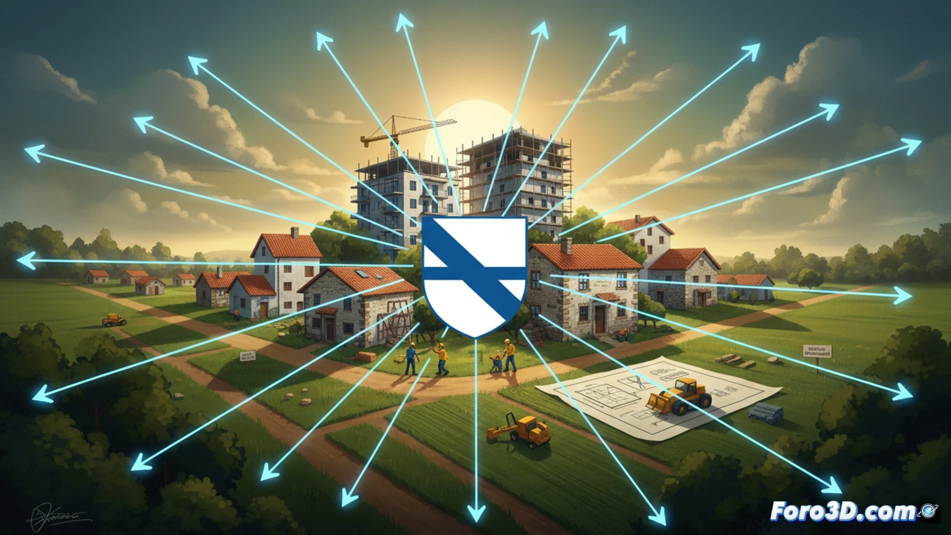 Aerial view of a Galician city district, construction cranes erecting new modular housing blocks on cleared urban land, workers in hard hats installing prefabricated energy-efficient wall panels, scaffolding wrapped around an old stone building being rehabilitated, surveyors using a total station theodolite on a plot of municipal soil, bright daylight, photorealistic architectural visualization, clean geometric lines, green roofs and solar panels visible, action of building and renovating, detailed urban landscape with machinery and tools, cinematic wide-angle shot