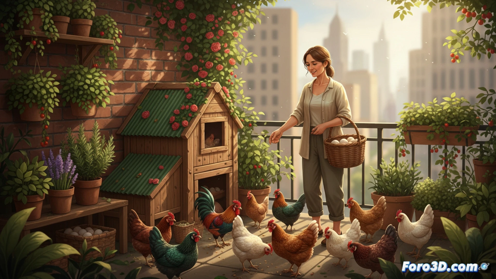 urban balcony transformed into small chicken coop, person wearing gardening gloves scattering feed while three hens peck at the ground, wooden nesting box with straw visible, fresh eggs in a ceramic bowl on a shelf, morning sunlight filtering through wire mesh, person smiling while holding a hen gently, calm domestic scene, photorealistic lifestyle photography, soft golden hour lighting, detailed textures of feathers and wood grain, shallow depth of field, warm earthy color palette, therapeutic connection between human and animal