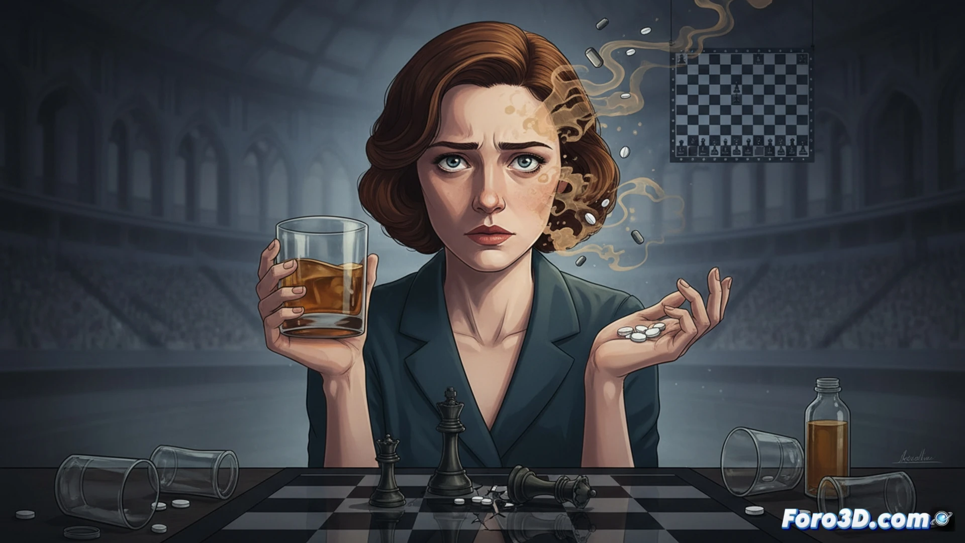 young woman with sharp features sitting at a chessboard in dim orphanage light, one hand holding a green tranquilizer capsule mid-air, other hand moving a knight piece, chessboard showing complex mid-game position, vintage 1960s furniture and institutional walls in background, cinematic photorealistic style, moody chiaroscuro lighting from a single window casting long shadows, dust particles floating in the light beam, her expression shows intense concentration mixed with anxiety, glass of amber liquid on the table edge, realistic texture of worn chess pieces and wooden board, shallow depth of field focusing on the interaction between pill and chess move, dramatic psychological tension, ultra-detailed period clothing and props, emotional narrative captured in a single frozen moment