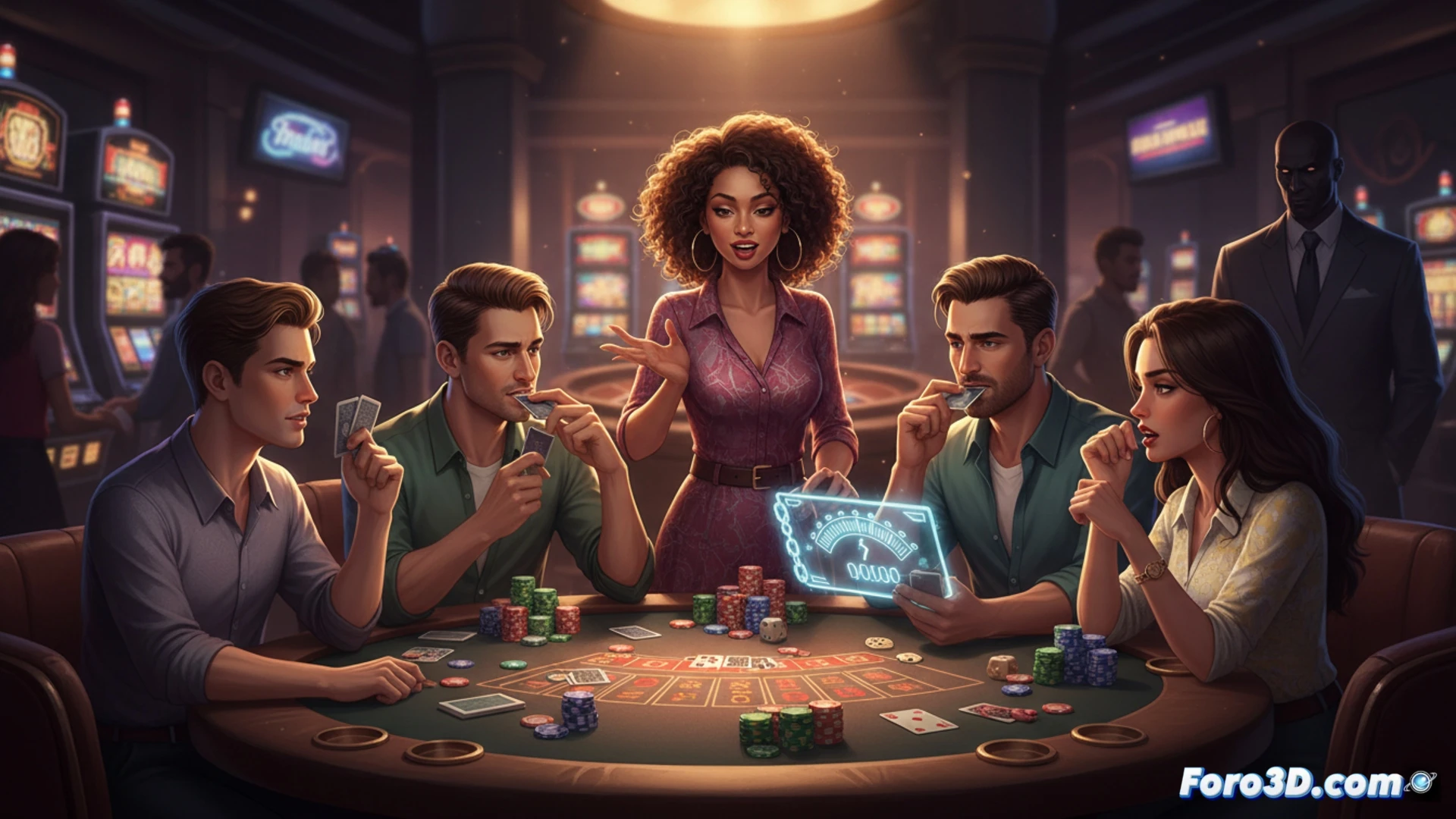 Seis amigos con fichas de casino y dados, frente a un reloj de deuda, en una mesa de póker digital llena de dinero.